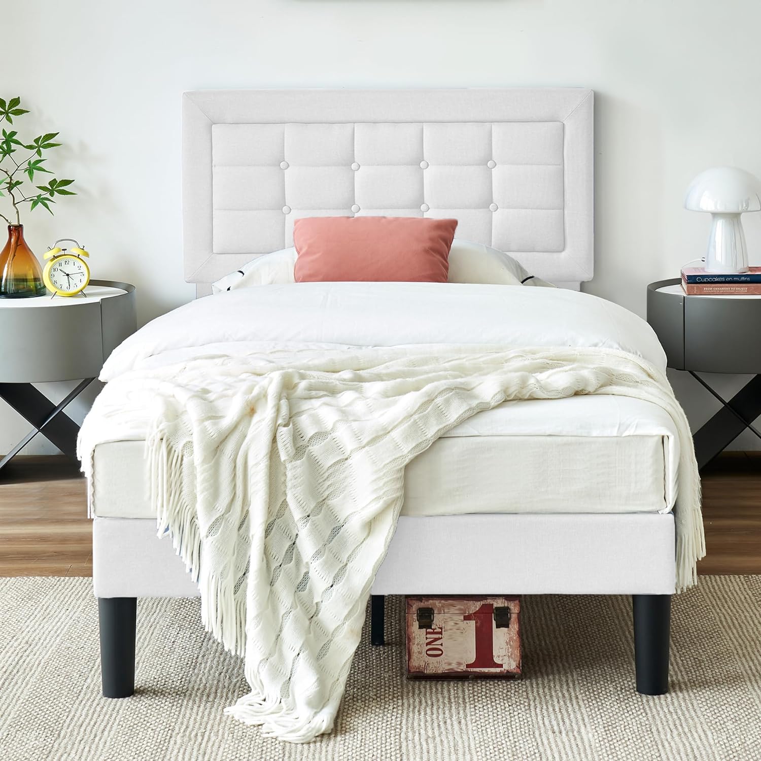 VECELO Upholstered Platform Bed Frame with Height Adjustable Headboard