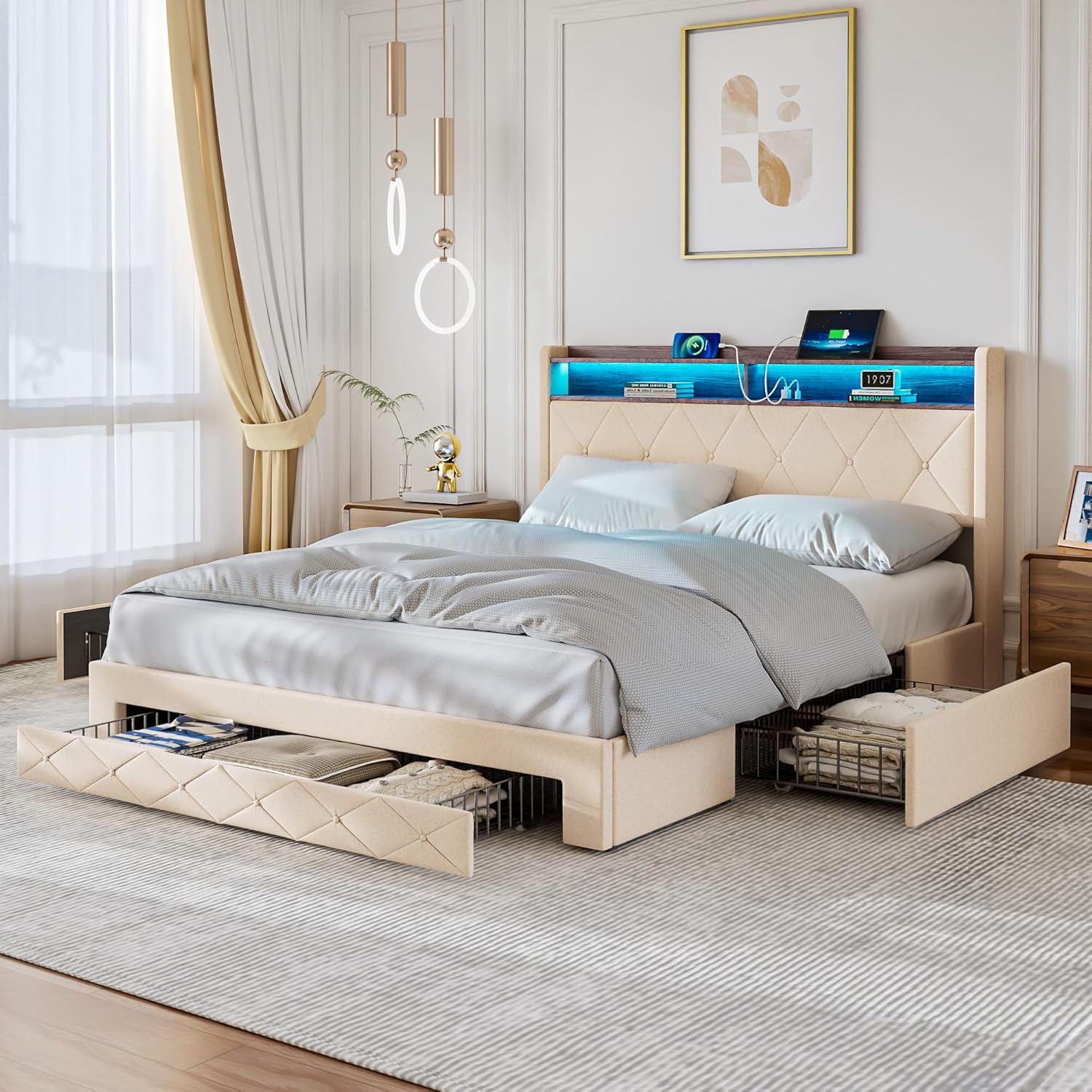 VECELO Velvet Queen Size Upholstered Bed Frame with Headboard