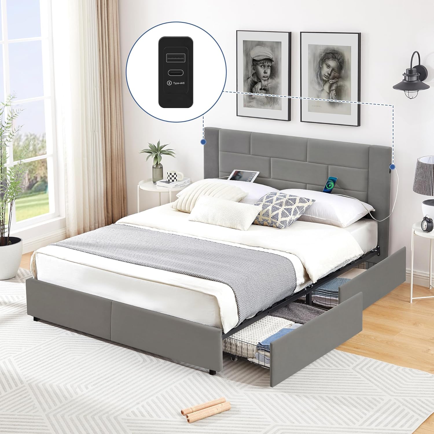 Modern Upholstered Bed Frame with USB Charge Station-Ports for Type A & Type C