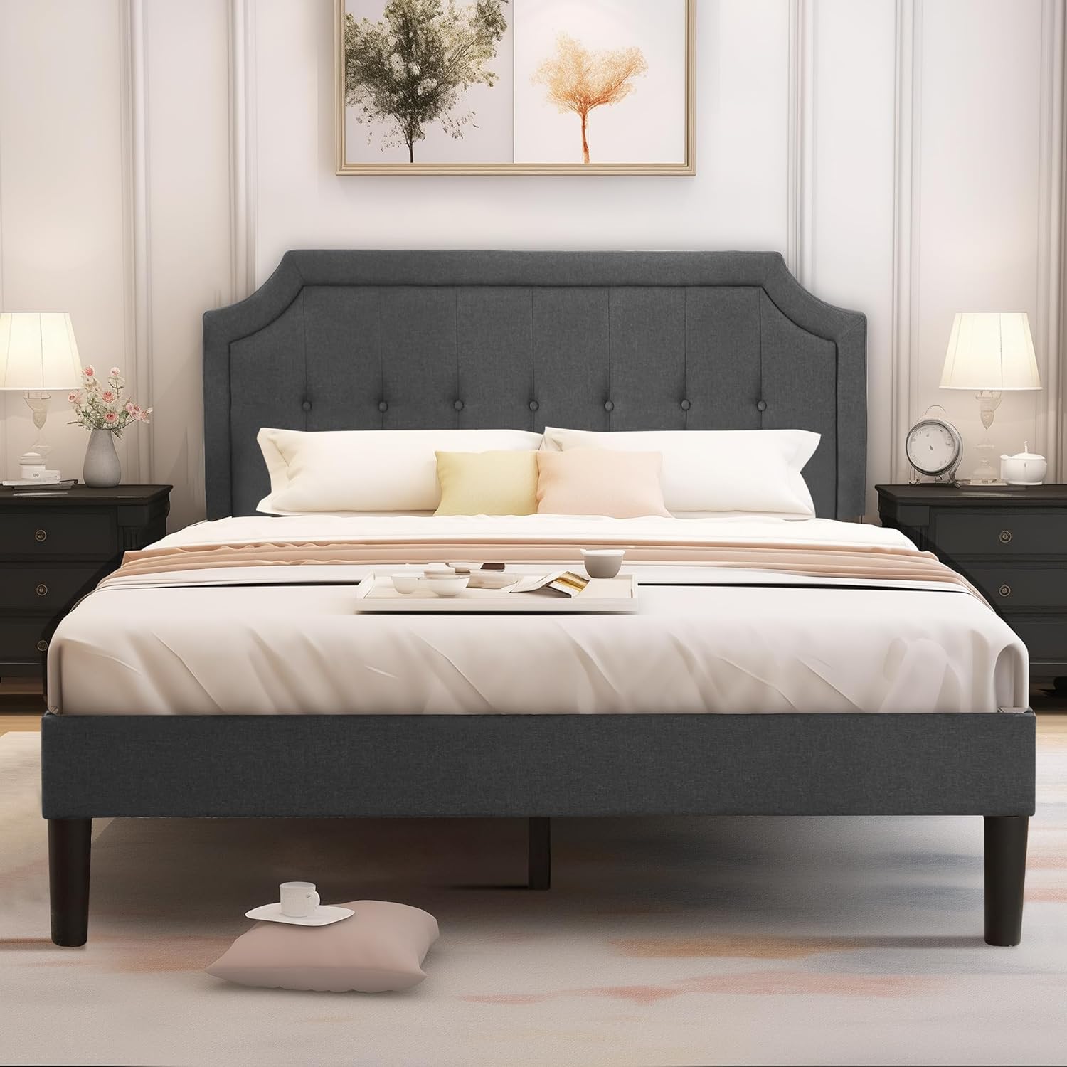 VECELO Premium Upholstered Platform Bed Diamond Stitched Panel Headboard
