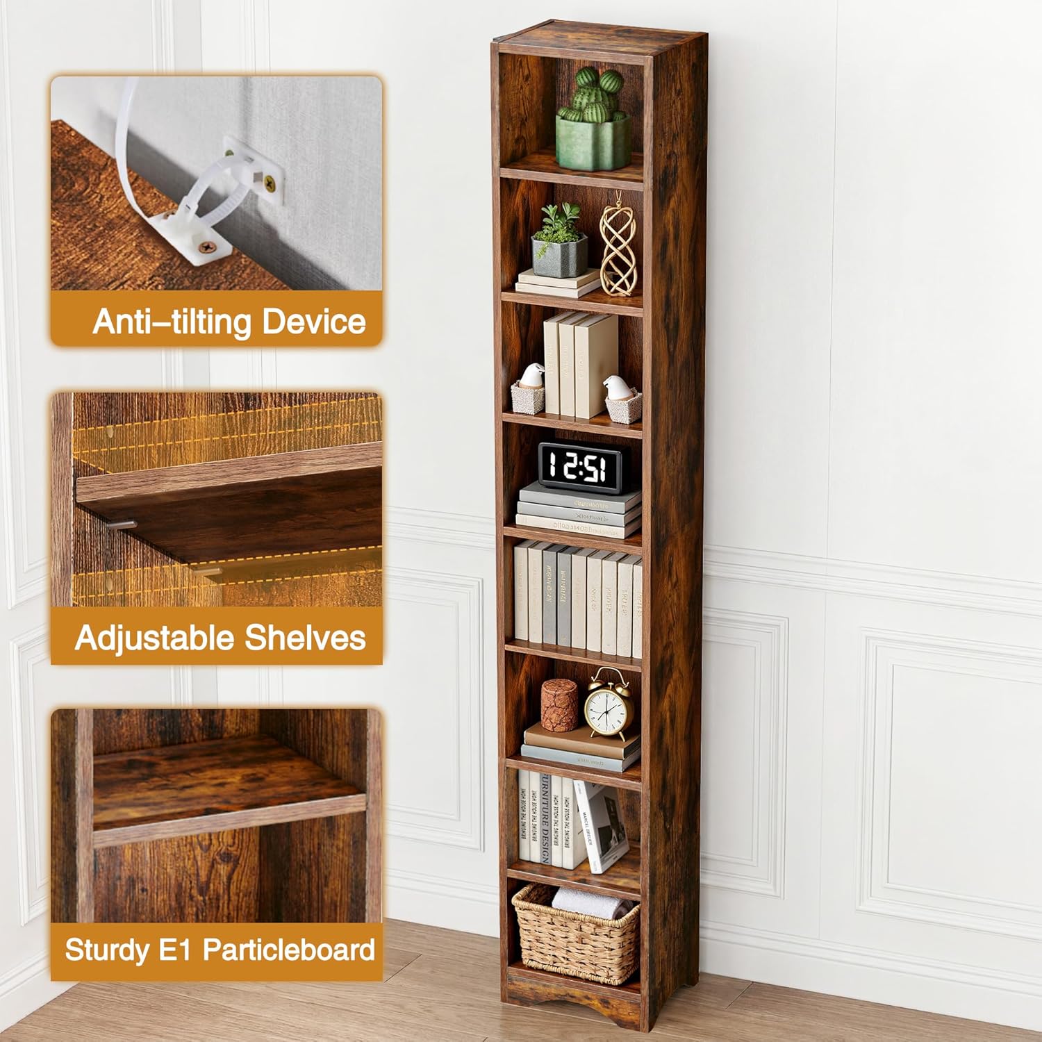 VECELO 8-Tier Tall Narrow Bookshelf