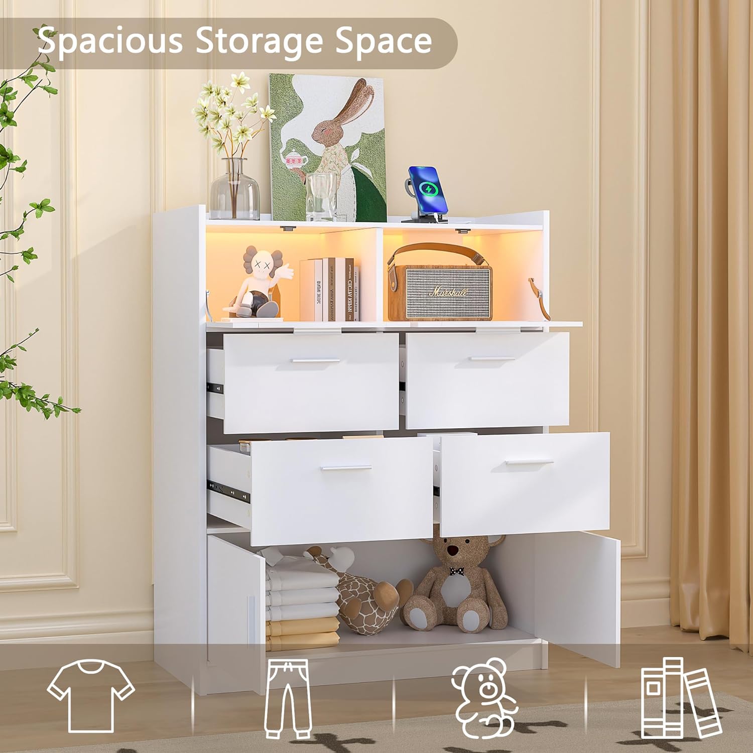 VECELO Dresser for Bedroom Chest of 4 Drawers/6 Drawer with Adjustable LED Lights