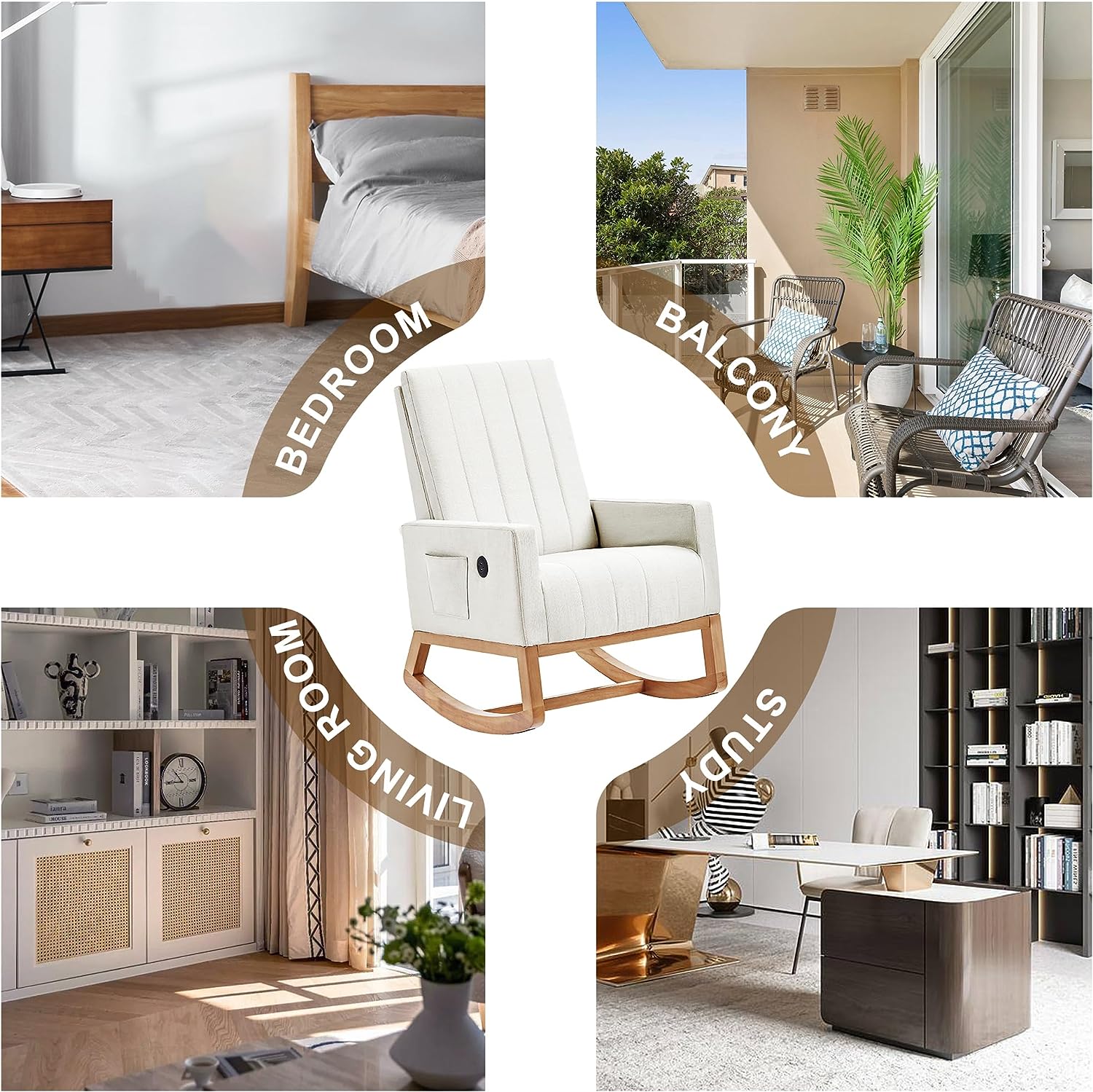 VECELO Rocking Chair Upholstered Nursery Glider Rocker High Backrest Comfy Armchair with Side Pocket and USB Port