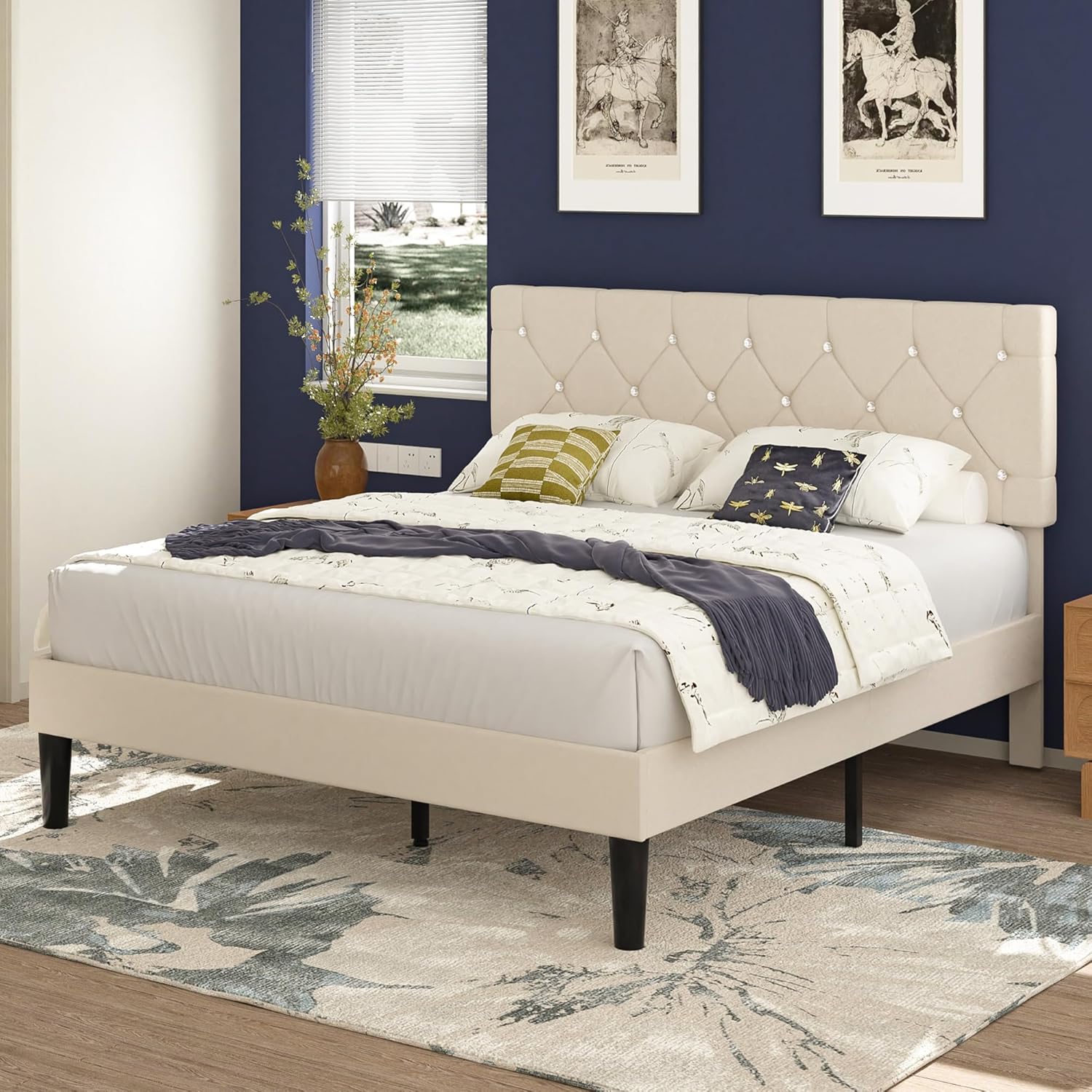 VECELO Twin Size Bed Frame, Upholstered Platform with Adjustable Diamond Tufted Headboard
