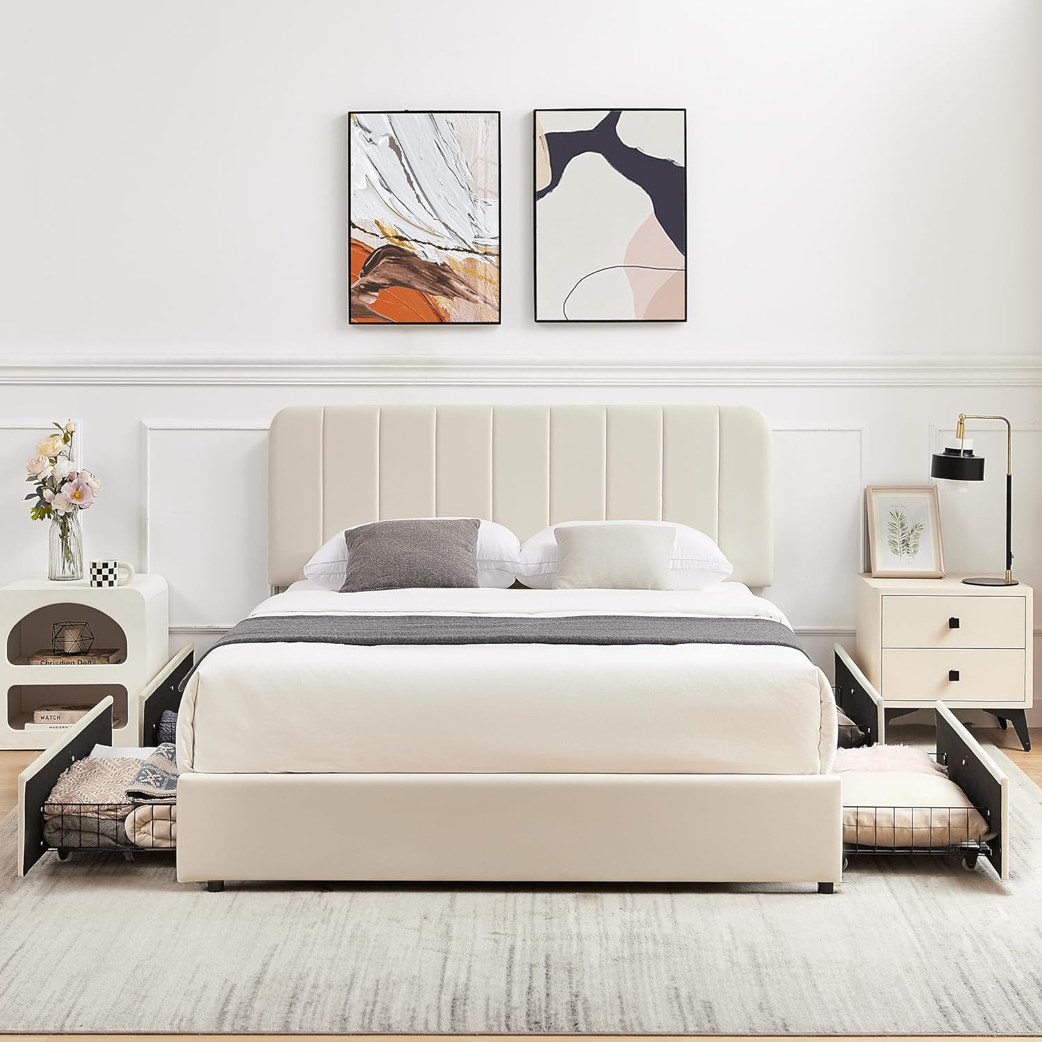 VECELO Upholstered Bed Frame with 4 Drawers and Adjustable Headboard