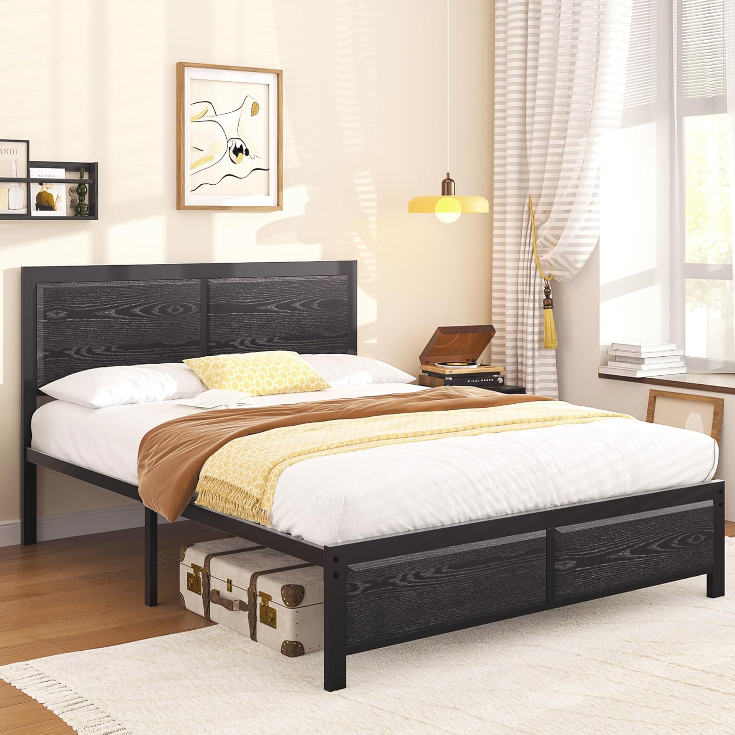 VECELO Platform Bed Frame, Mattress Foundation with Rustic Vintage Wood Headboard
