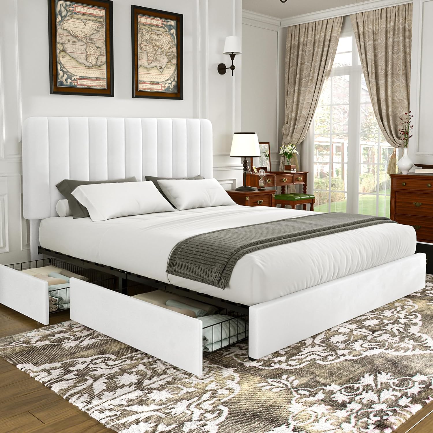 VECELO King Size Upholstered Bed Frame with 4 Drawers and Headboard