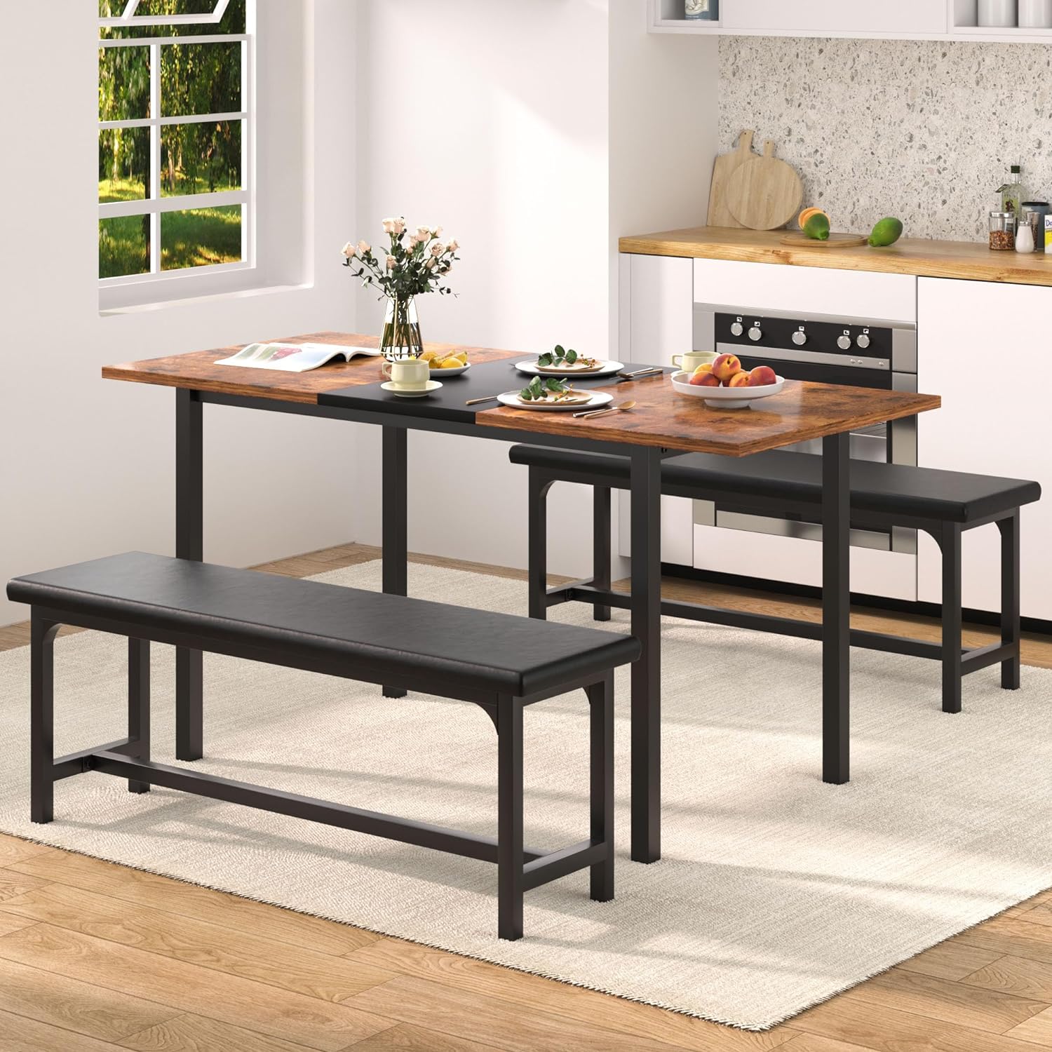 VECELO 3-Piece 63" Extendable Kitchen Table with Benches - VECELO