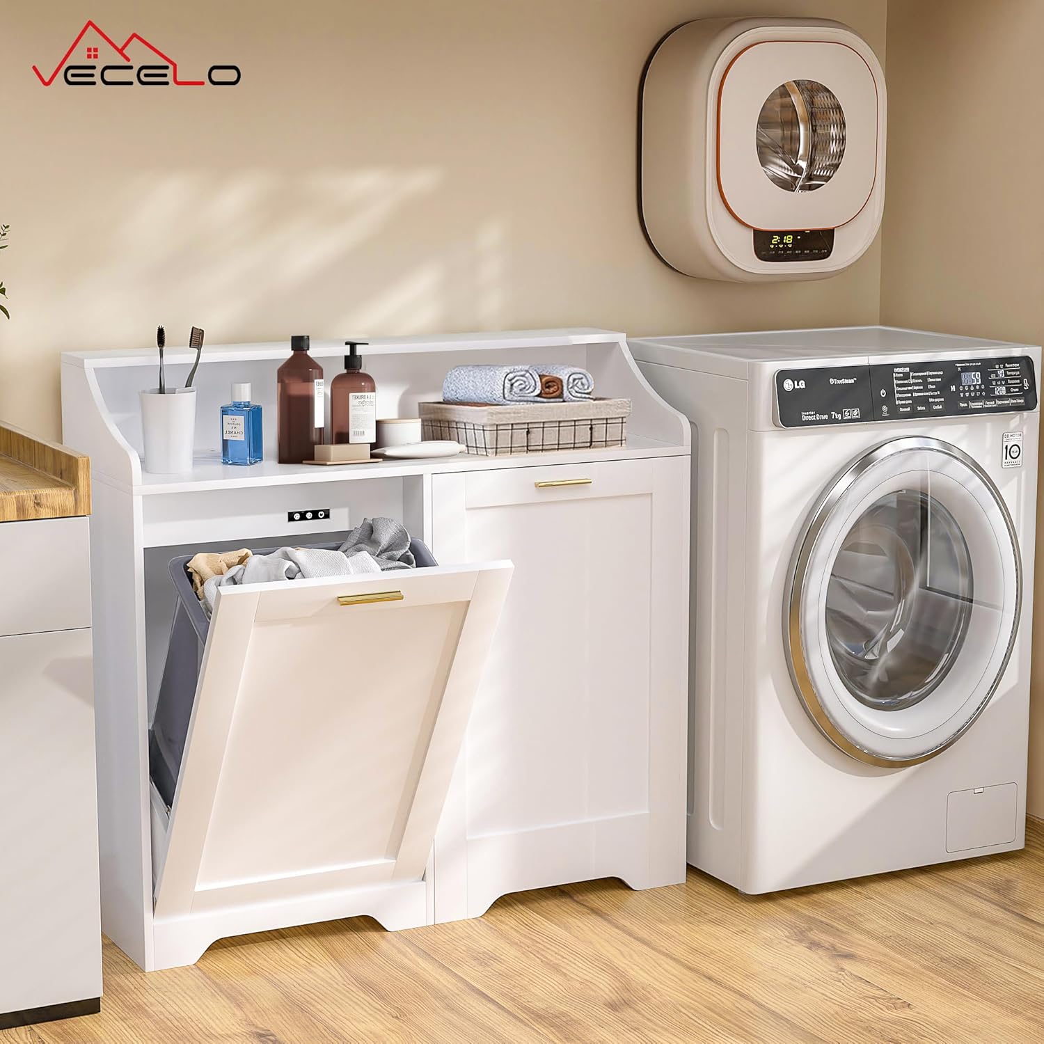 VECELO Tilt Out Trash Can Cabinet, Kitchen Trash Bin Cabinet with Adjustable Shelves and Charging Station