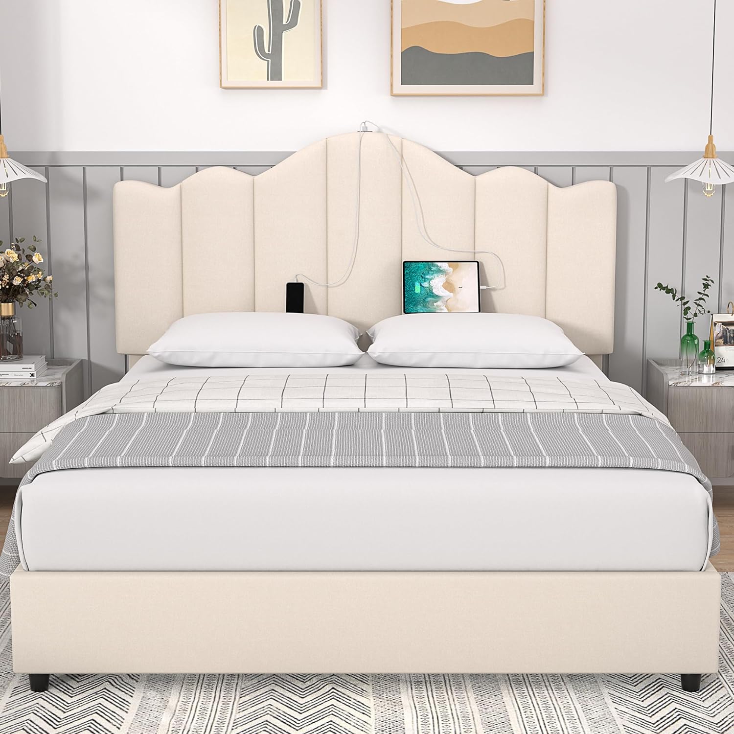 VECELO Upholstered Platform Bed Frame with Type-C & USB Charging Stati