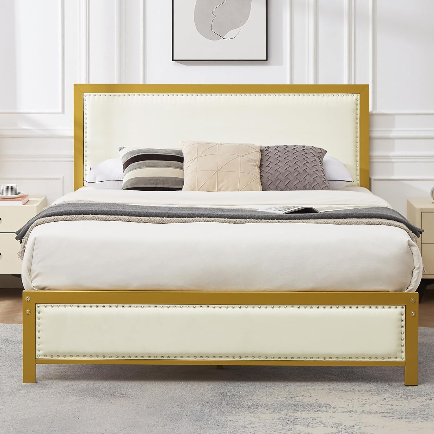 VECELO Bed Frame with Linen Fabric Headboard and Footboard No Box Spring Needed - VECELO
