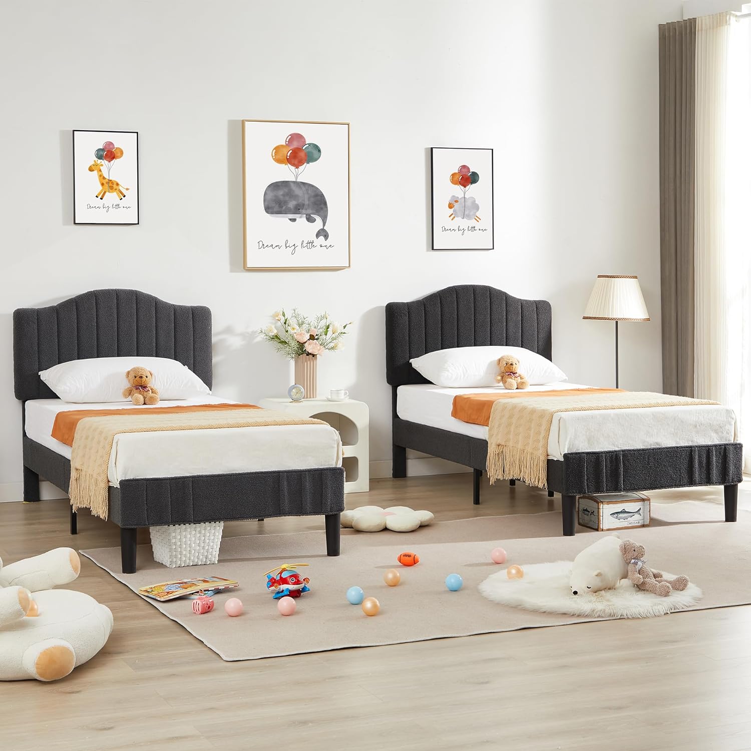 VECELO Upholstered Platform Bed Frame with Sheepskin Fabric Adjustable Headboard/Strong Wood Slats Supports