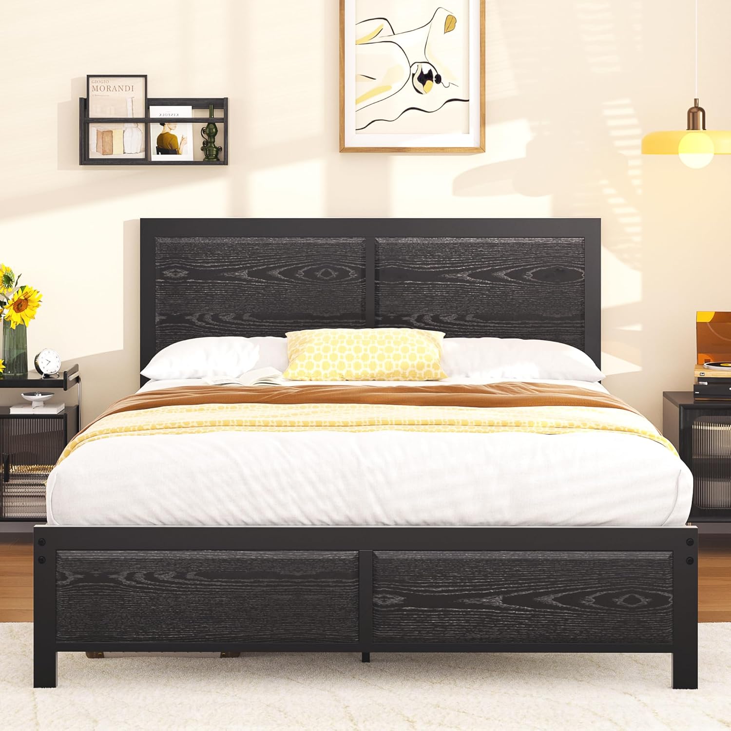 VECELO Platform Bed Frame, Mattress Foundation with Rustic Vintage Wood Headboard