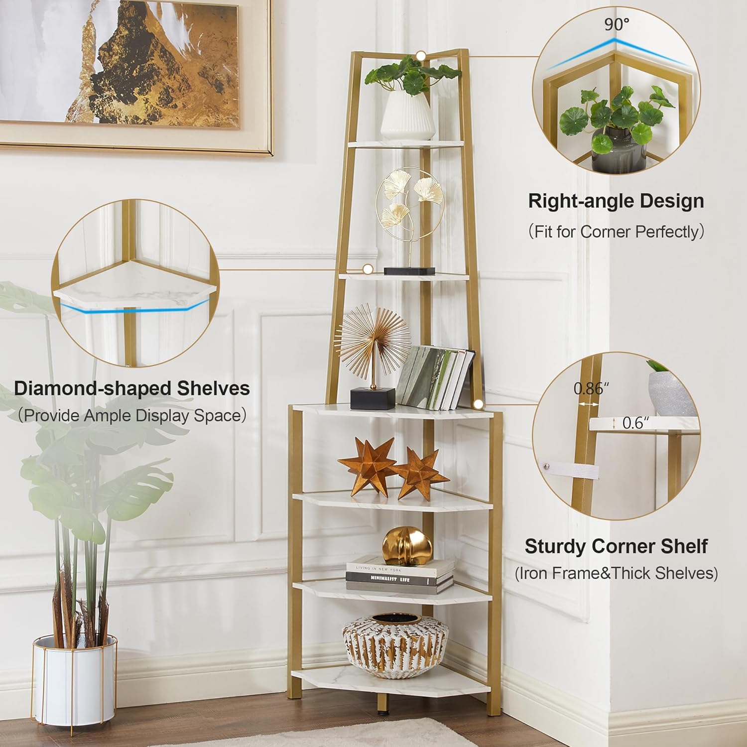 6 Tier Corner Shelf, 69 Inch Industrial Bookshelf/Storage Stand with Metal Frame