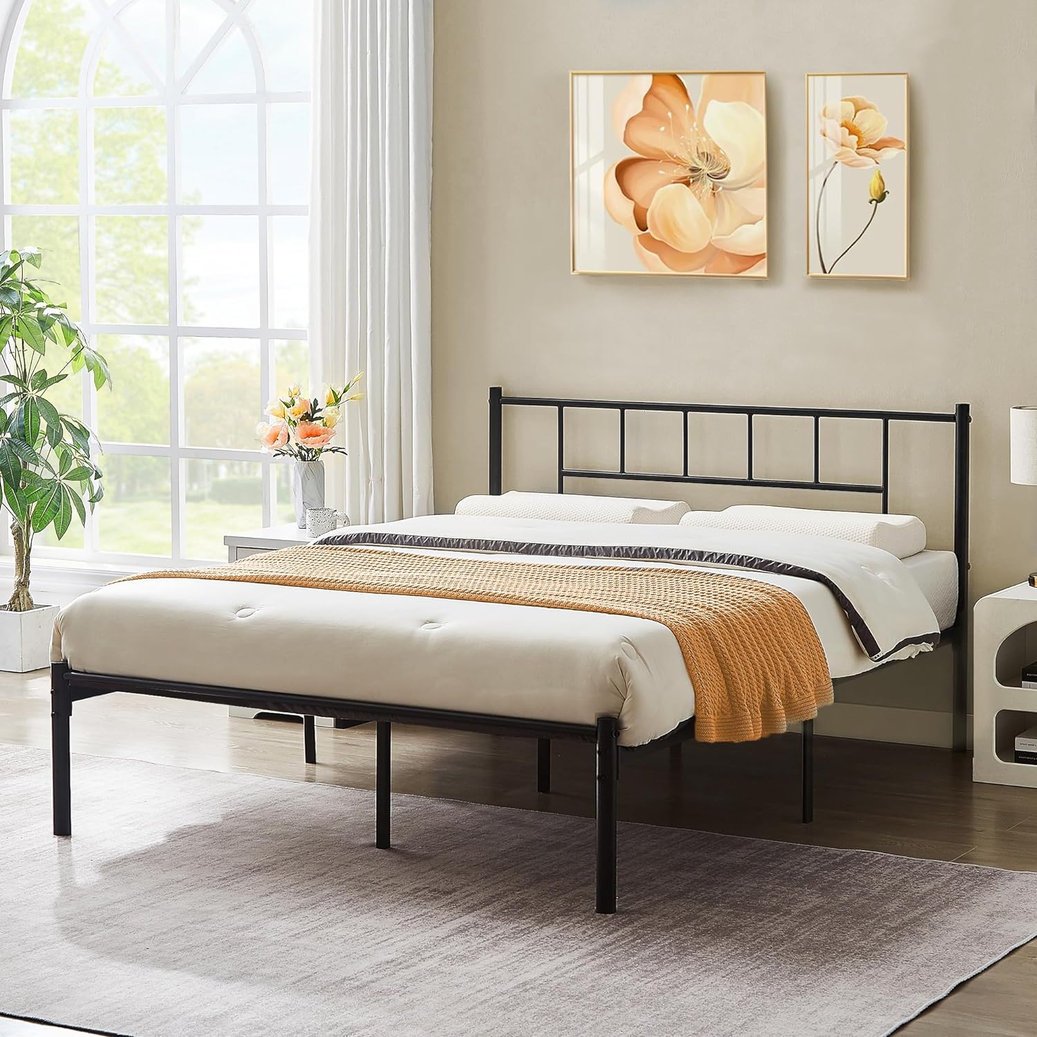 VECELO Bed Frame, 14 Inch Metal Platform with Headboard, Heavy Duty Steel Slat Support - VECELO