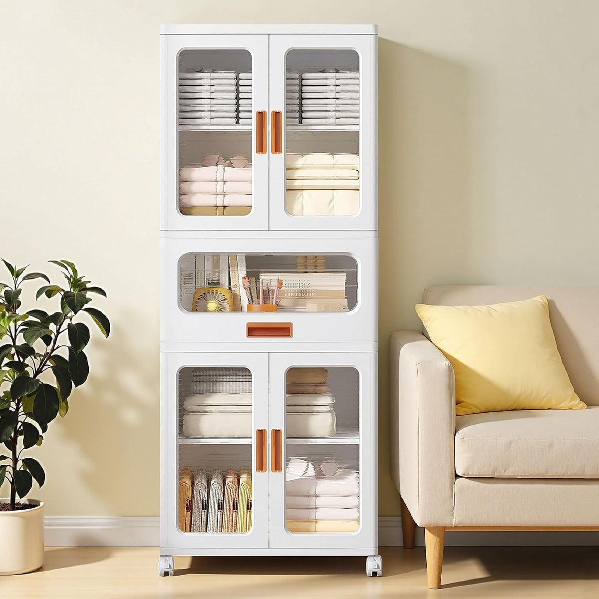 VECELO 226QT Stackable Storage Bins with Lids, Large Collapsible Storage Bins with Drawer and Movable Wheels