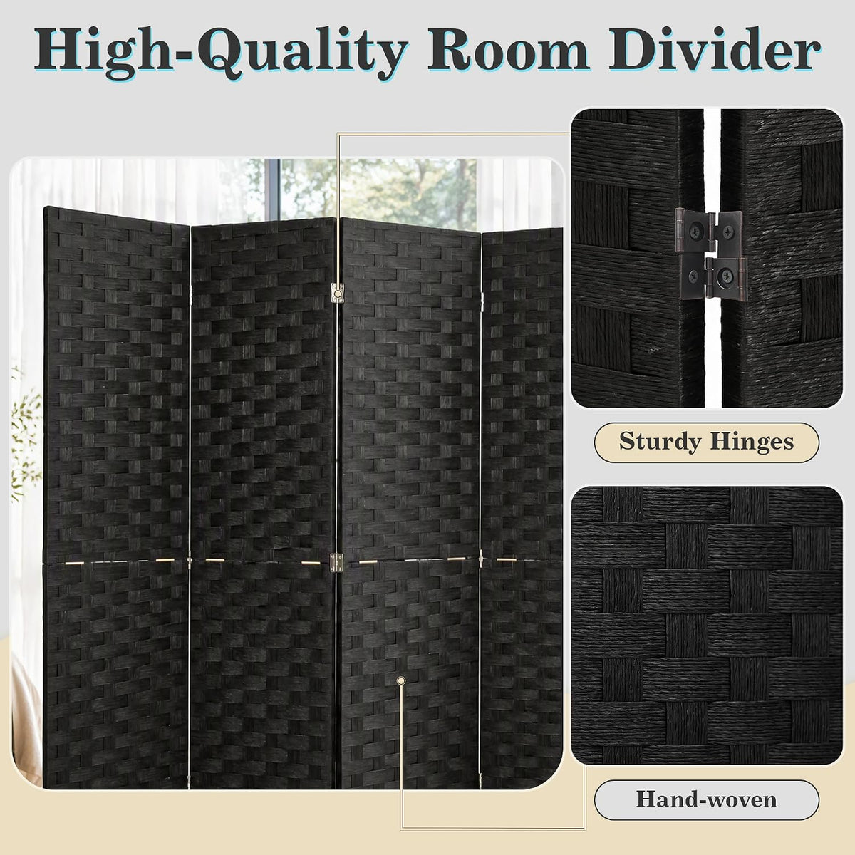VECELO Room Divider, 4 Panel Folding Privacy Screens, Black
