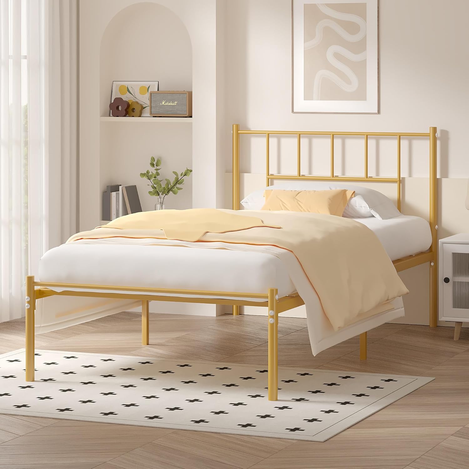 VECELO Bed Frame, 14 Inch Metal Platform with Headboard, Heavy Duty Steel Slat Support - VECELO