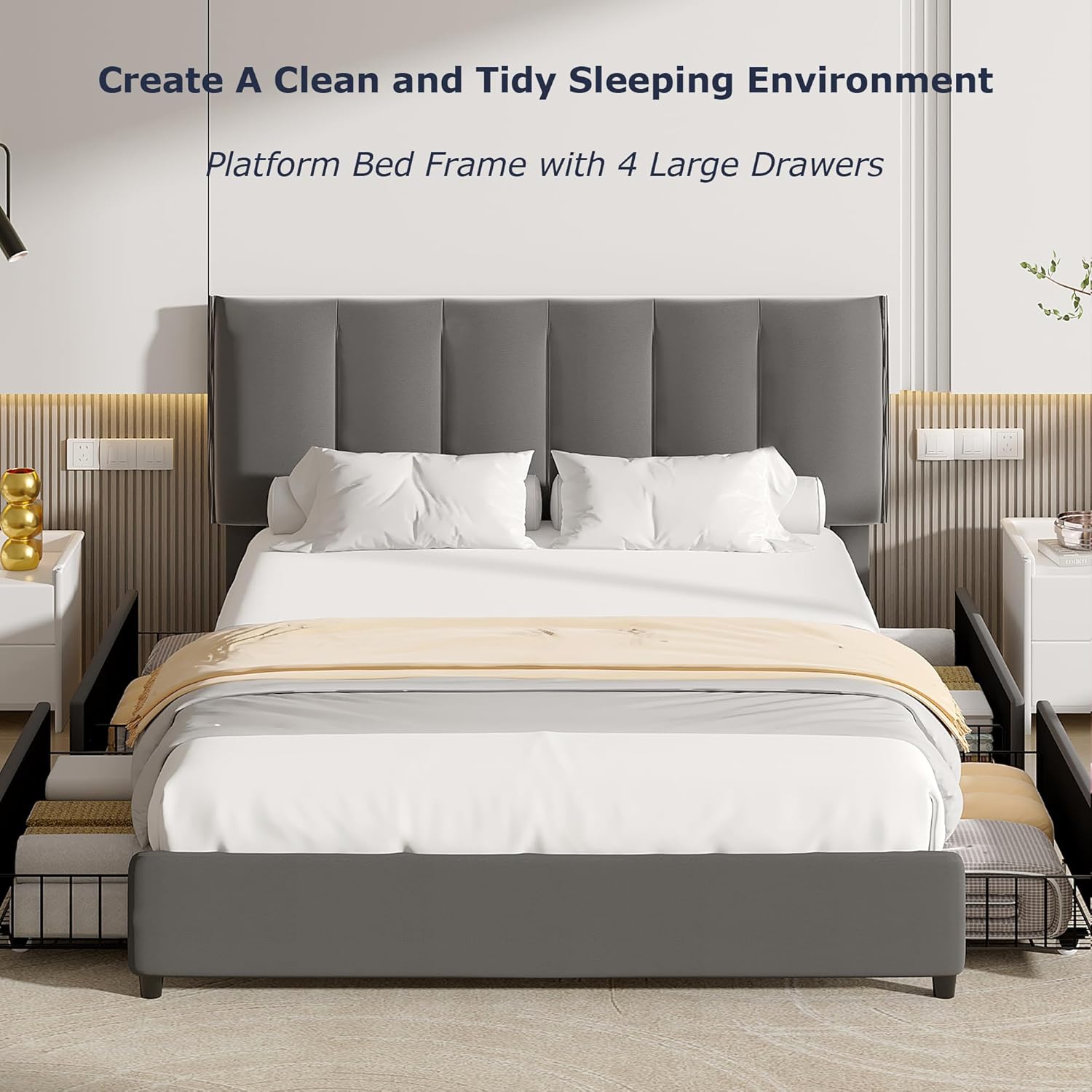 VECELO Upholstered Bed Frame with 4 Storage Drawers and Adjustable Velvet Headboard