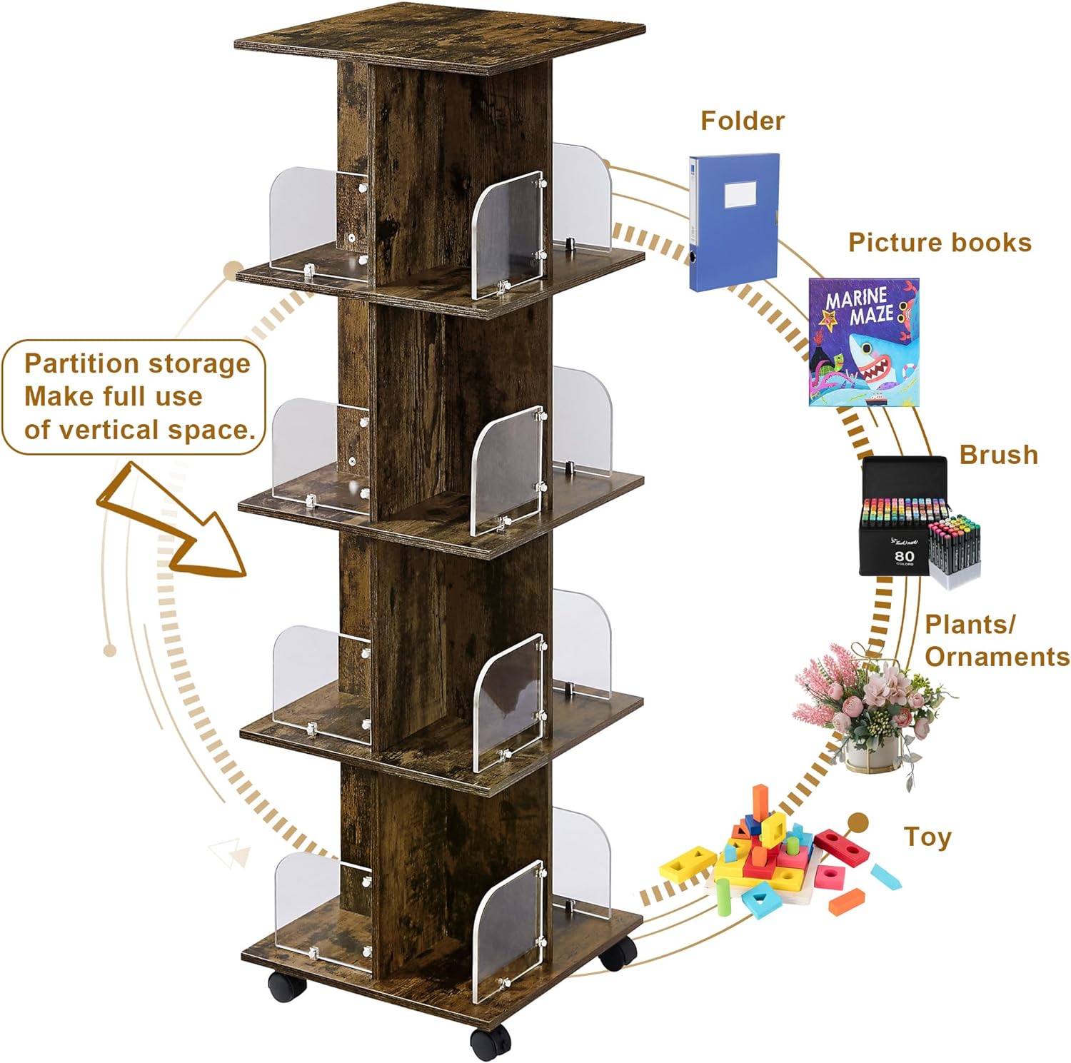 VECELO 4 Tier Rotating Bookshelf Tower,360° Corner Display Shelf with Wheels