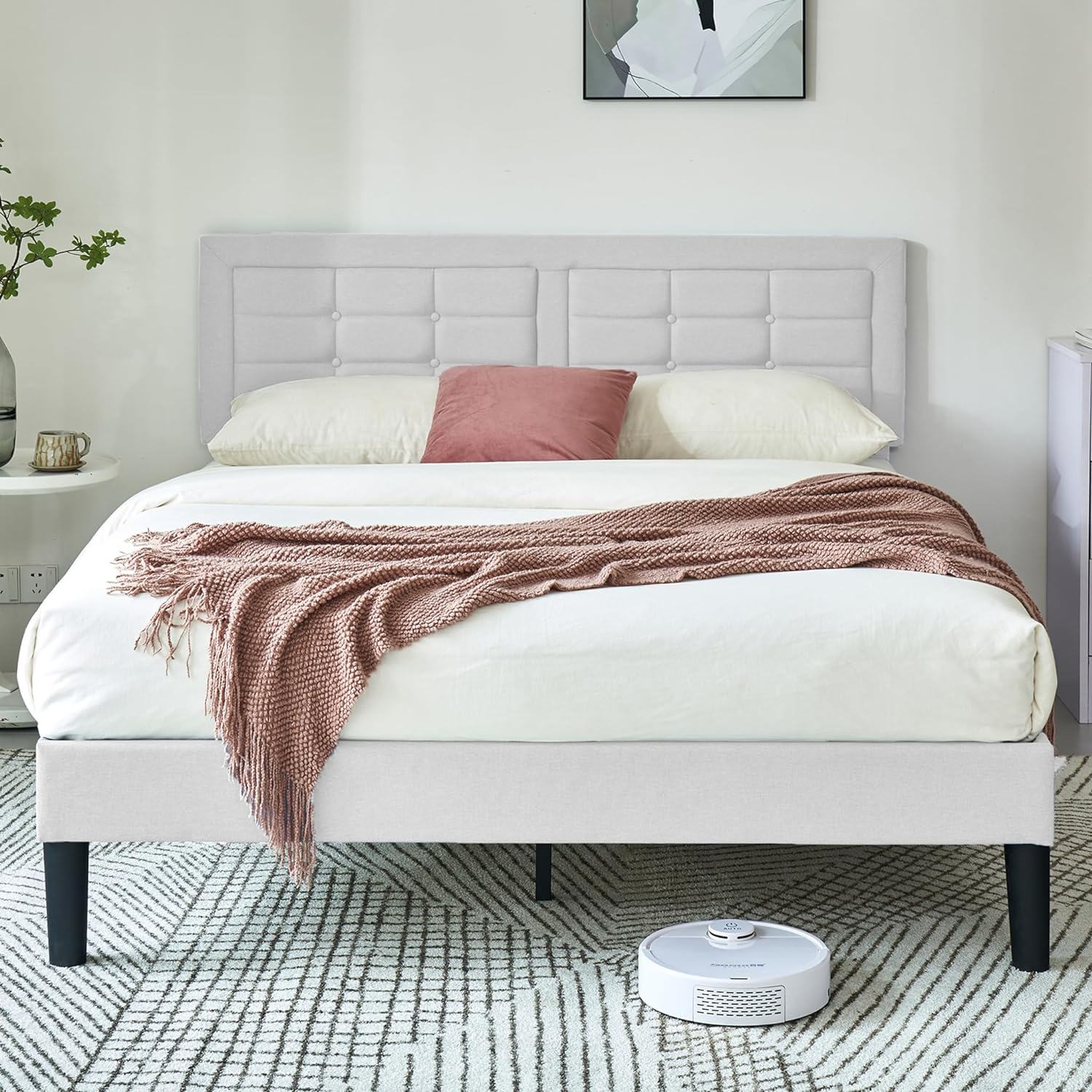 VECELO Upholstered Platform Bed Frame with Height Adjustable Headboard