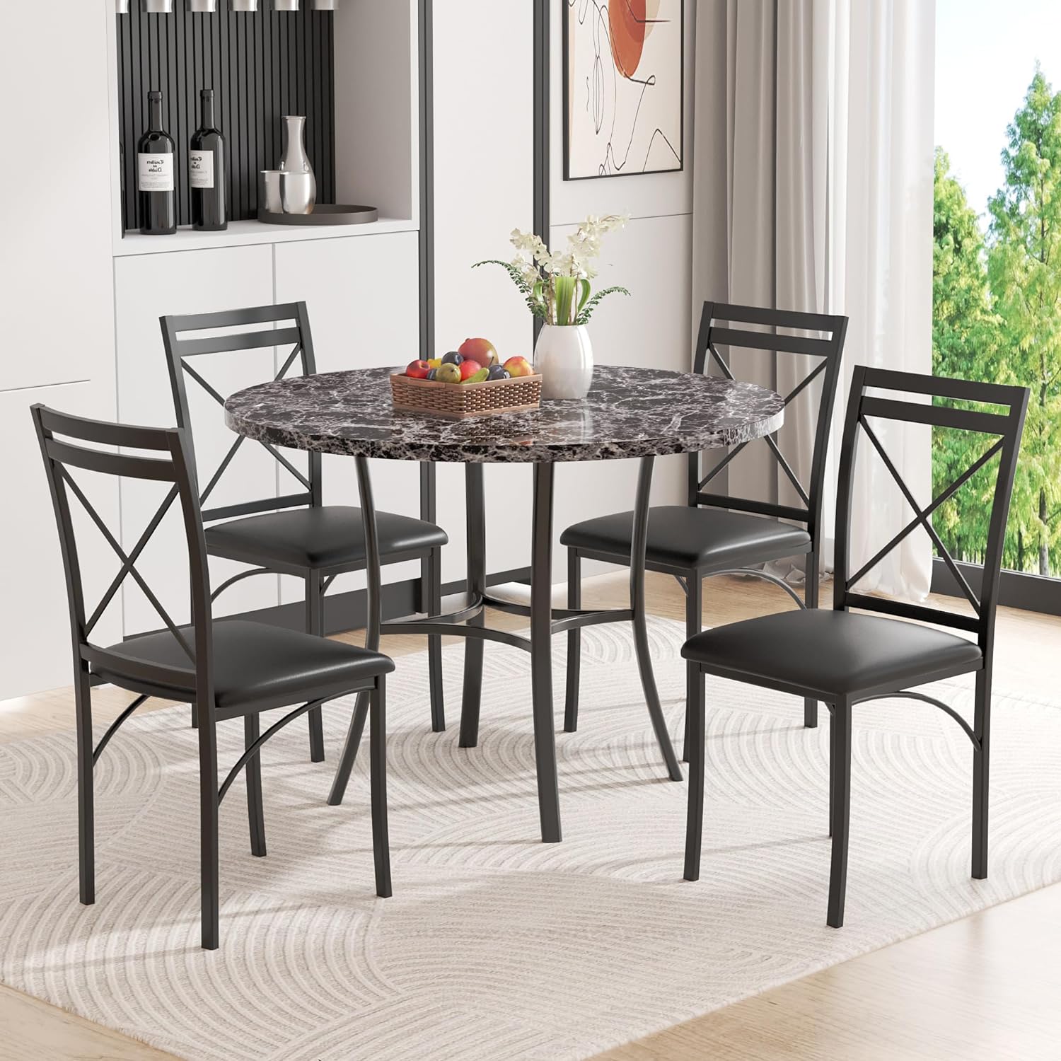 VECELO 5 Piece Dining Table Set for 4 Faux Marble Dinette with Chairs