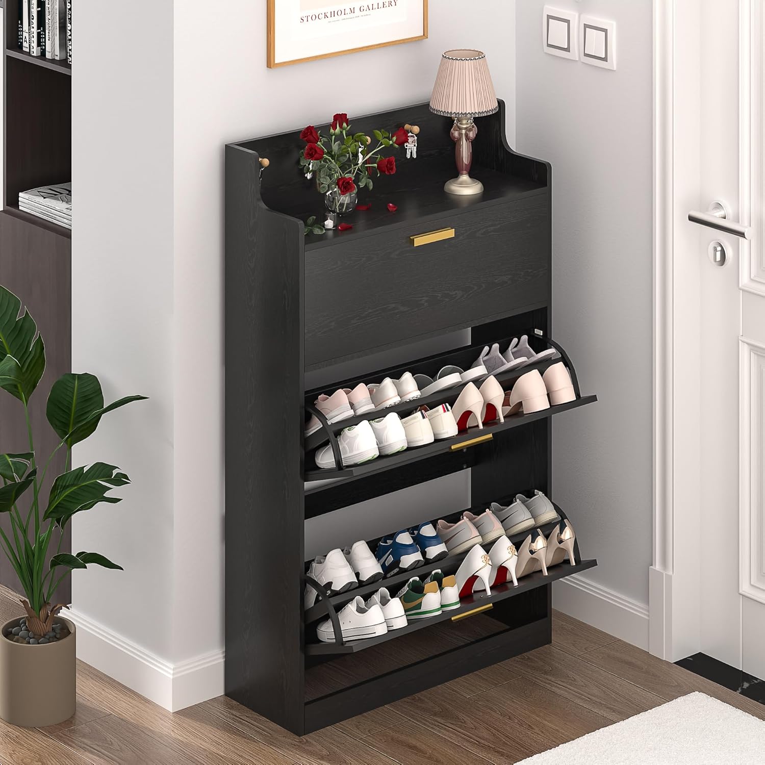VECELO Shoe Cabinet with 2 Flip Drawers for Entryway