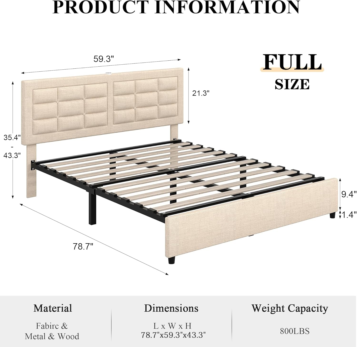 VECELO Bed Frame with 4 Drawers, Adjustable Tufted Button Headboard