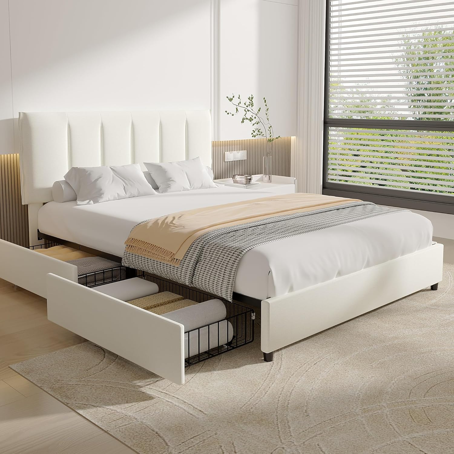 VECELO Upholstered Bed Frame with 4 Storage Drawers and Adjustable Velvet Headboard