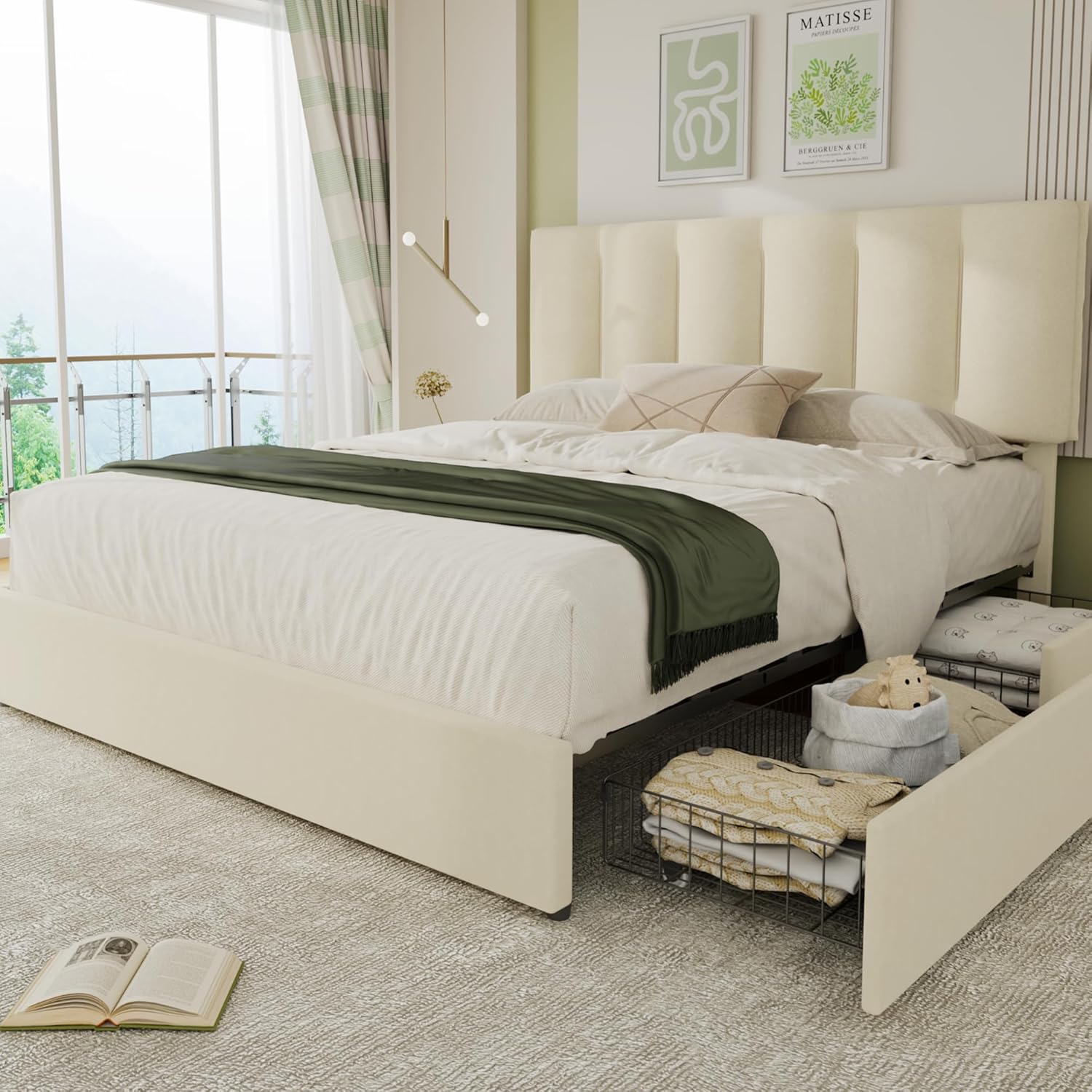 VECELO Upholstered Bed Frame with 4 Storage Drawers and Adjustable Velvet Headboard