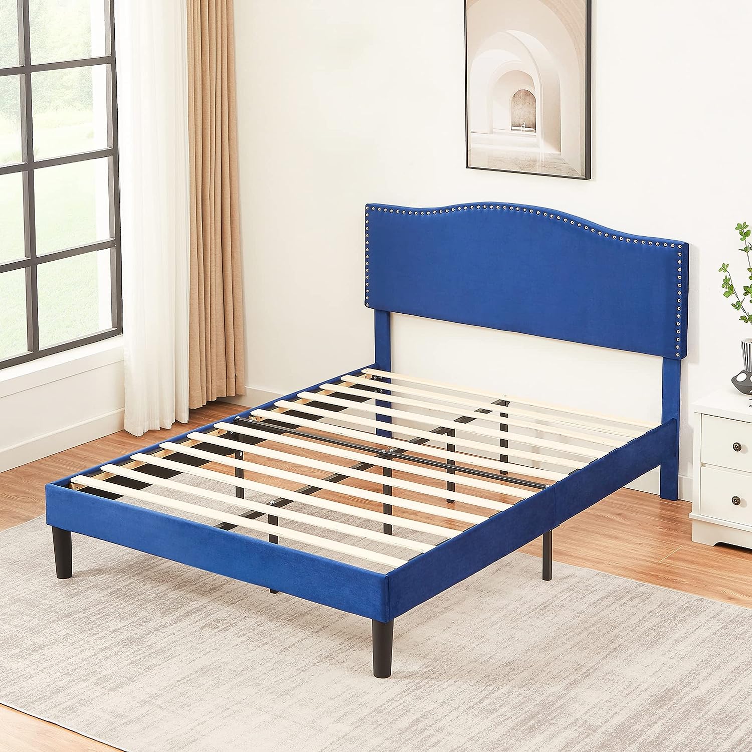 VECELO Bed Frame Platform with Upholstered Headboard & Wooden Slats Support - VECELO