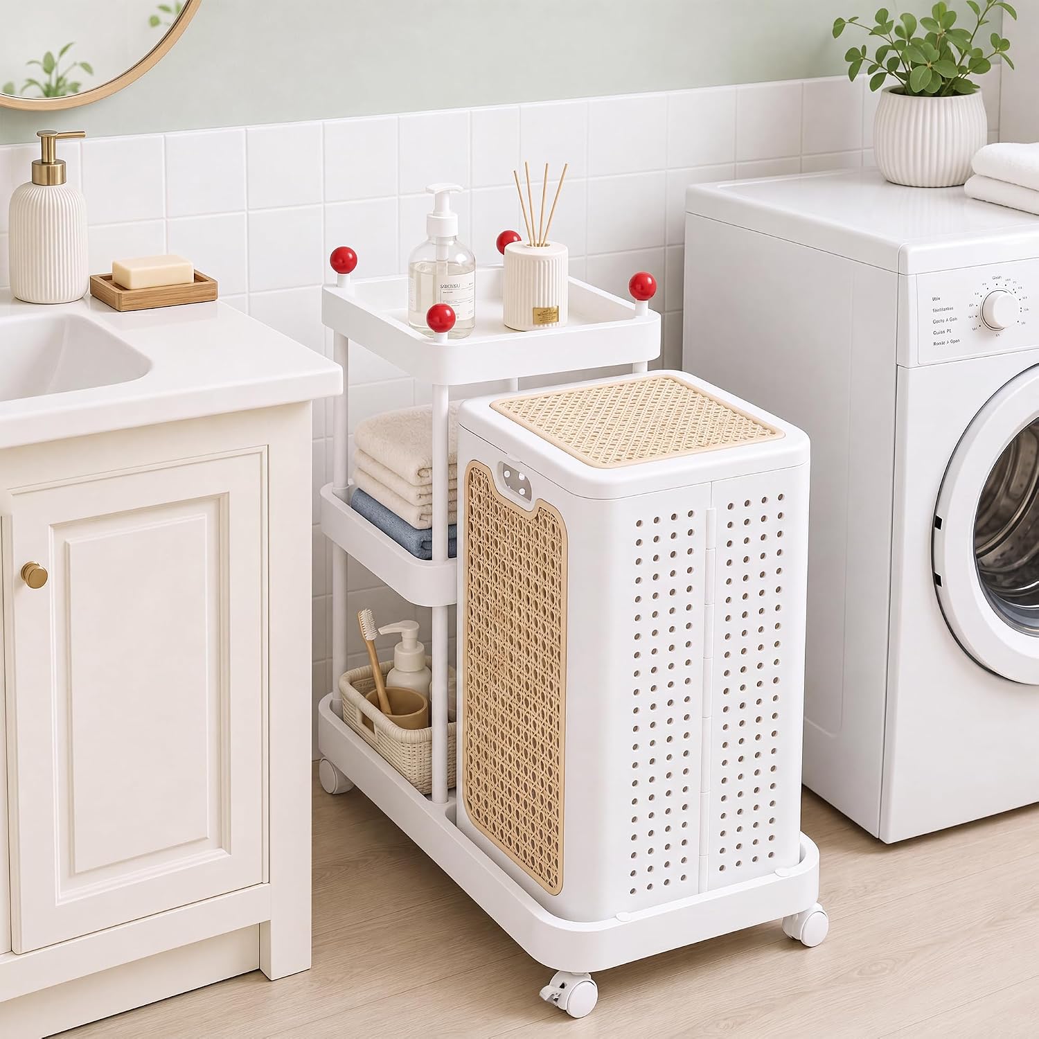 VECELO Rattan-Style Rolling Laundry Hamper Cart