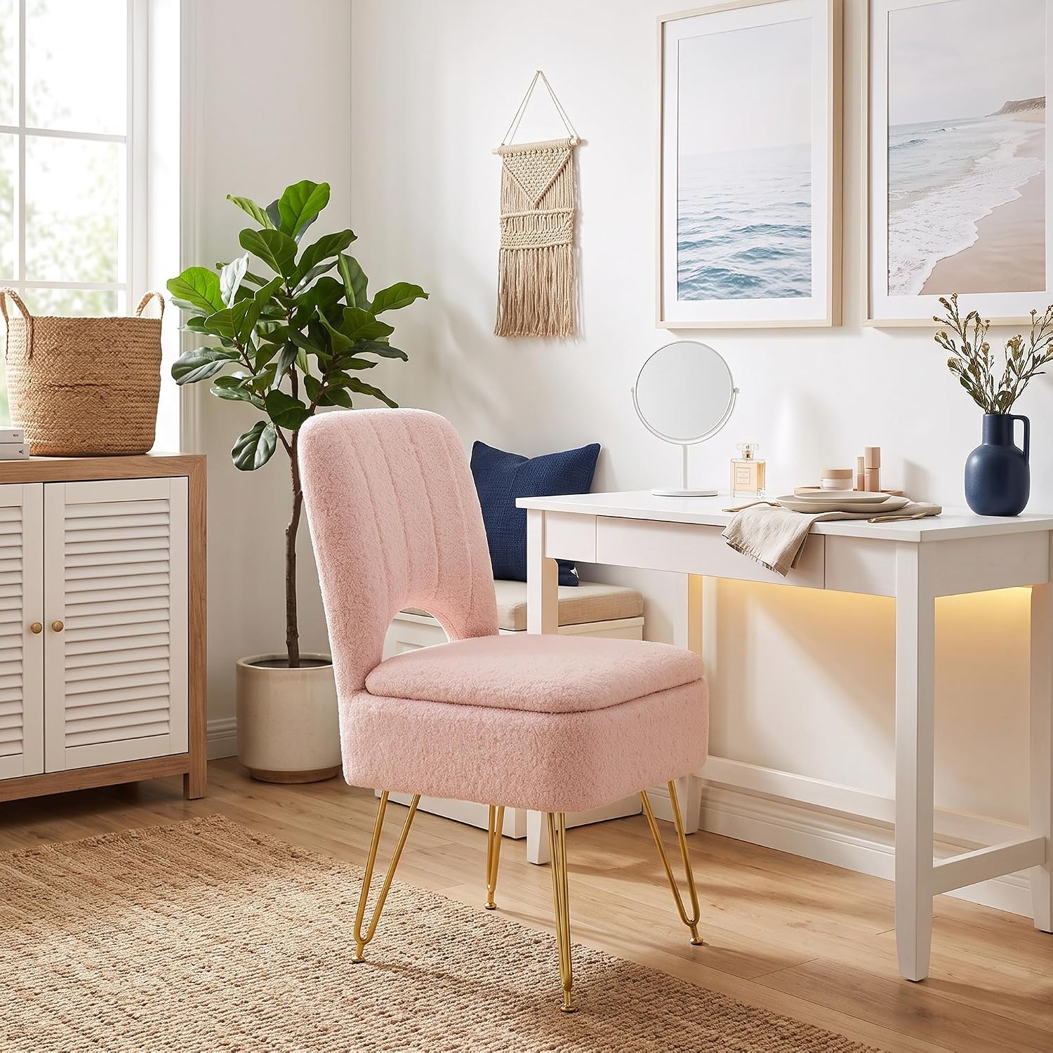 VECELO Vanity Stool Chair with Storage and Folding Back