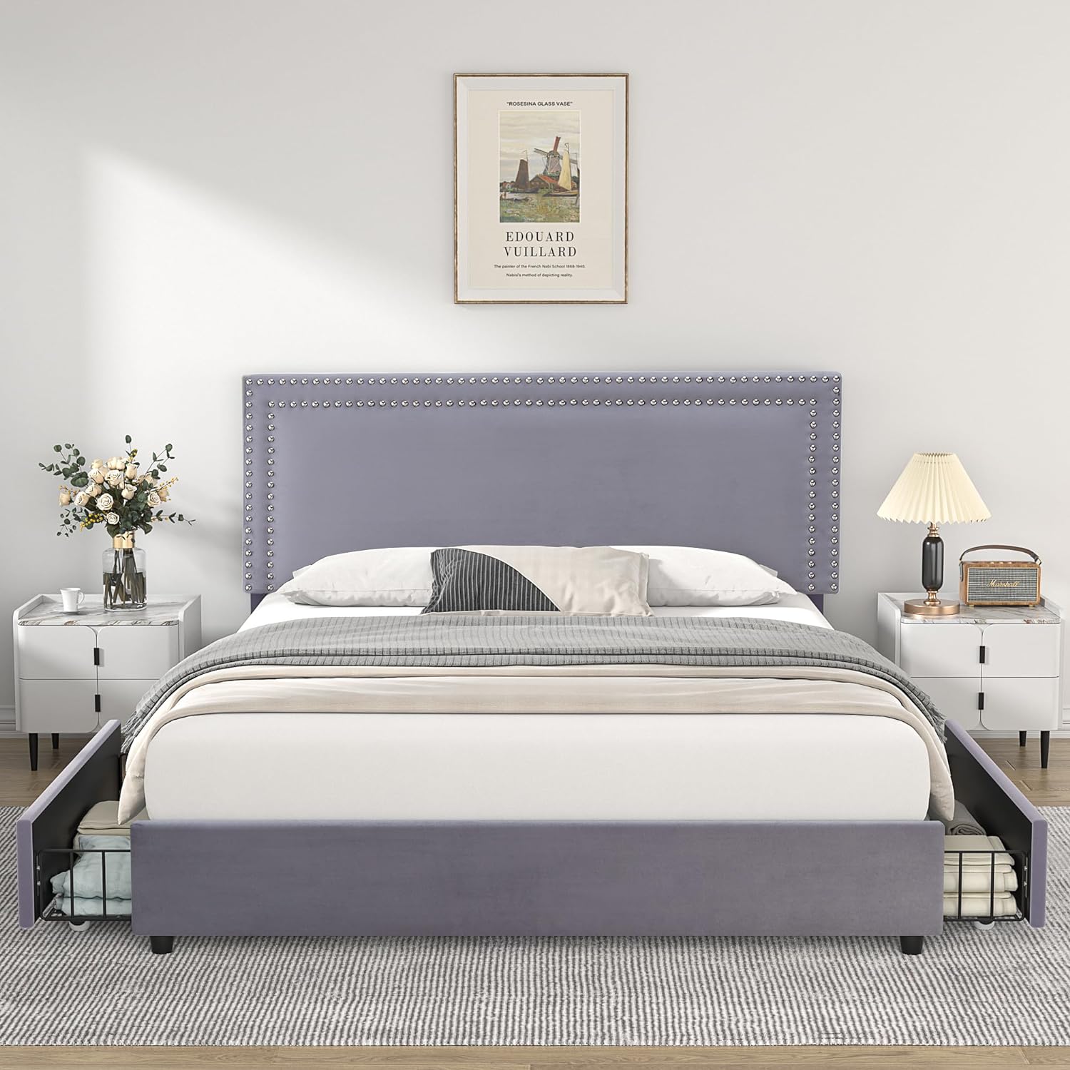 VECELO Upholstered Platform Bed Frame Platform with 4 Storage Drawers