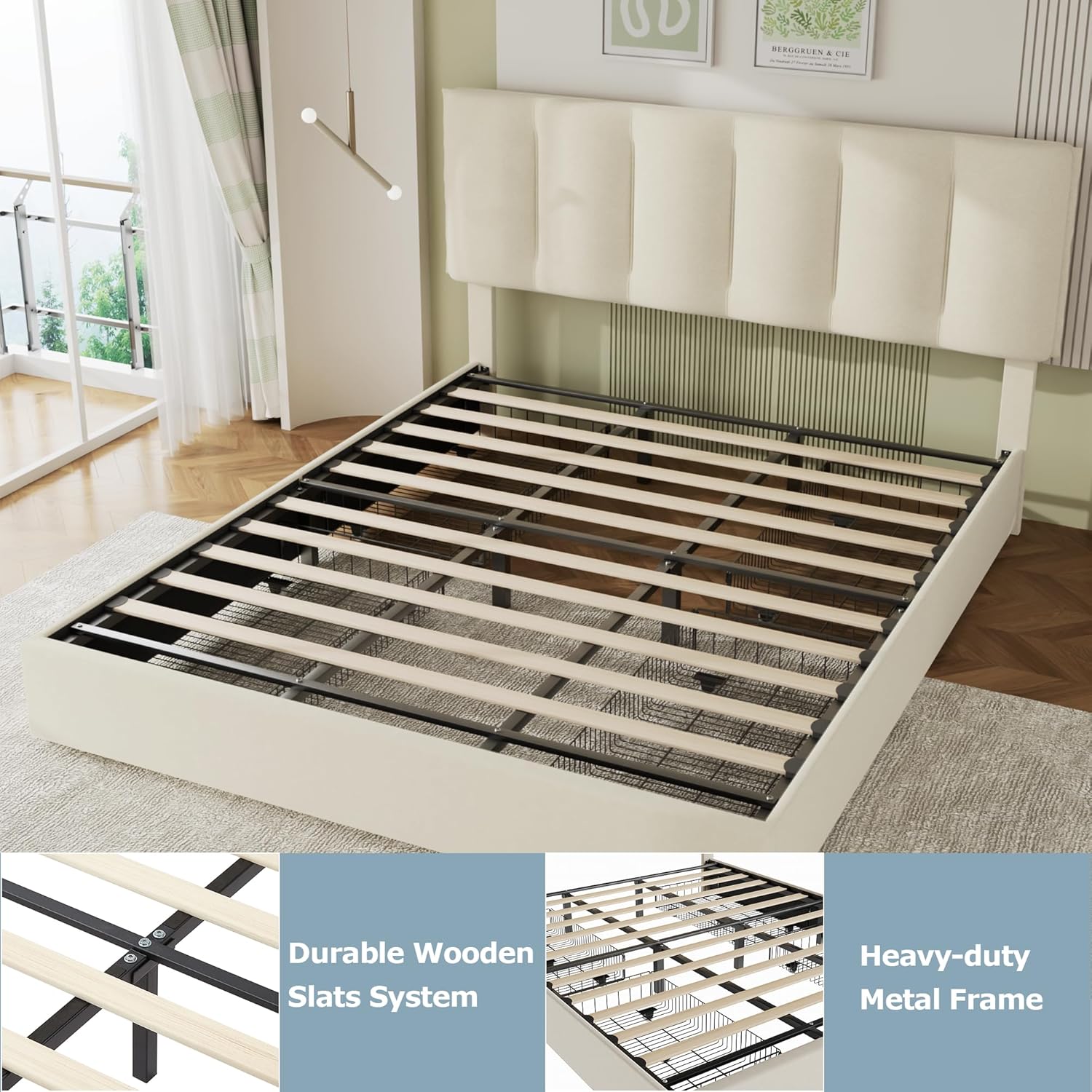 VECELO Upholstered Bed Frame with 4 Storage Drawers and Adjustable Velvet Headboard