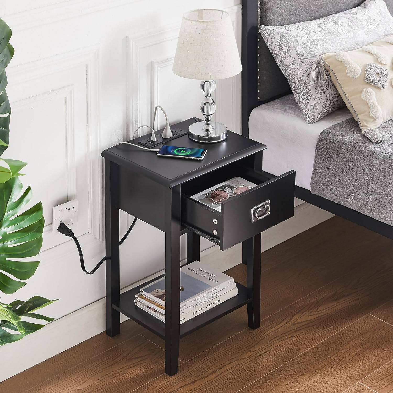 VECELO Nightstand Set of 2 with Charging Station