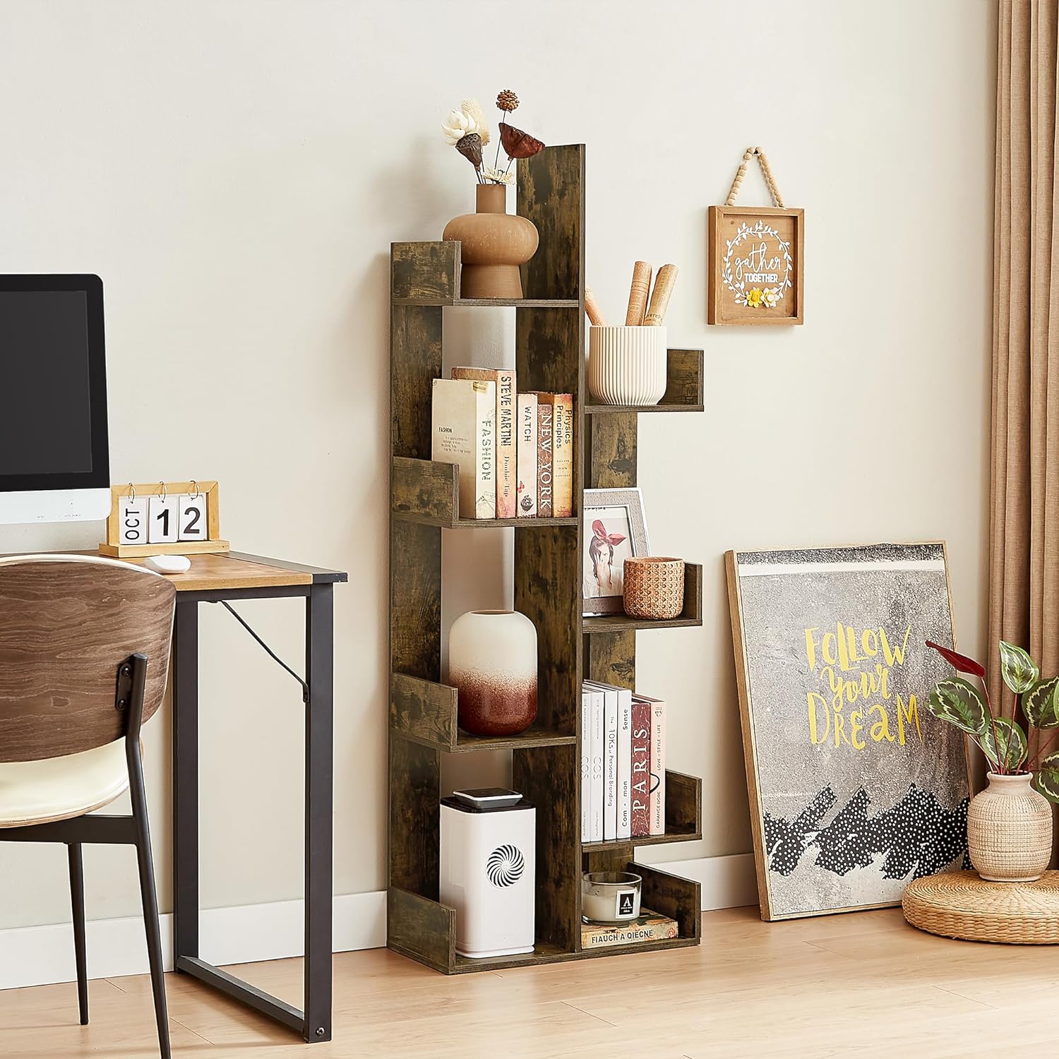 VECELO Tree Bookshelf, Geometric 8 Shelf Tree Bookcase Wood Bookshelves Display