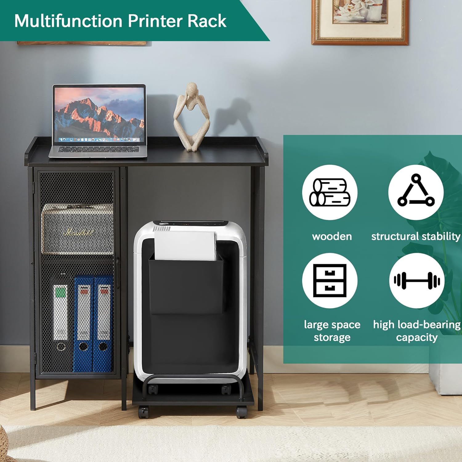VELELO Printer Desk with Rolling Paper Shredder Stand