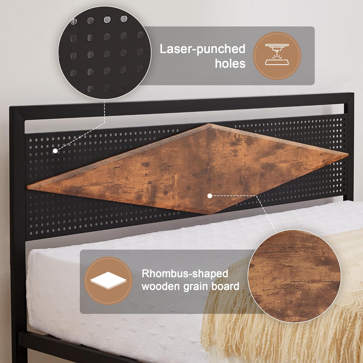 VECELO Metal Bed Frame Platform with Wood Grain Headboard&Footboard