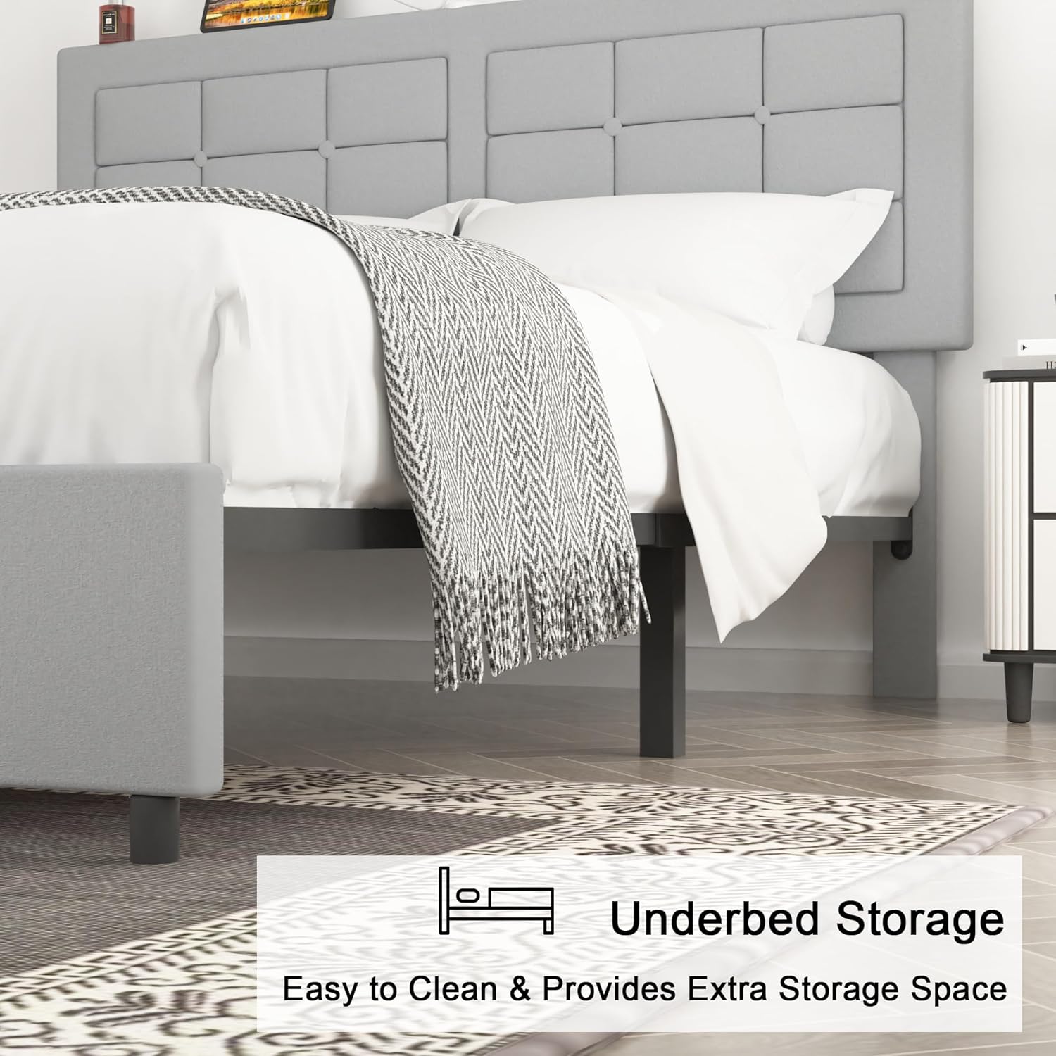 VECELO Bed Frame with 4 Drawers, Adjustable Tufted Button Headboard