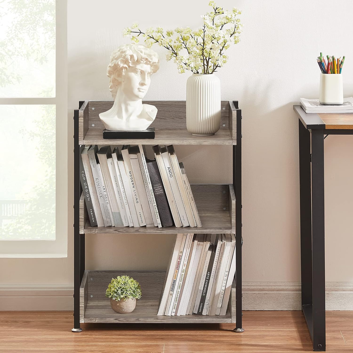 VECELO 3-Tier Bookcase,Small Storage Shelves,Industrial Shelving Unit