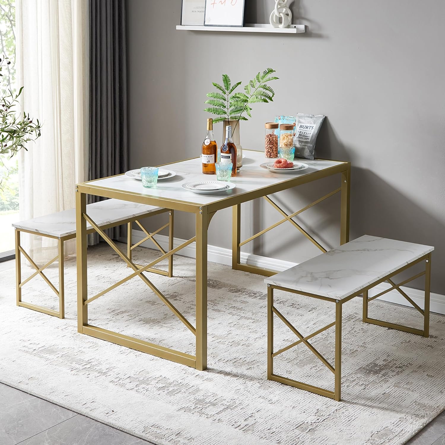 VECELO Kitchen Table with 2 Benches for 4