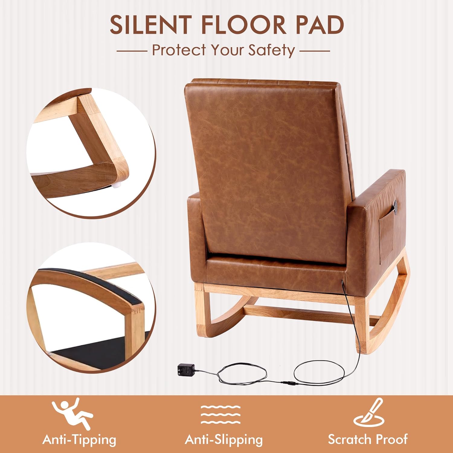 VECELO Rocking Chair Upholstered Nursery Glider Rocker High Backrest Comfy Armchair with Side Pocket and USB Port