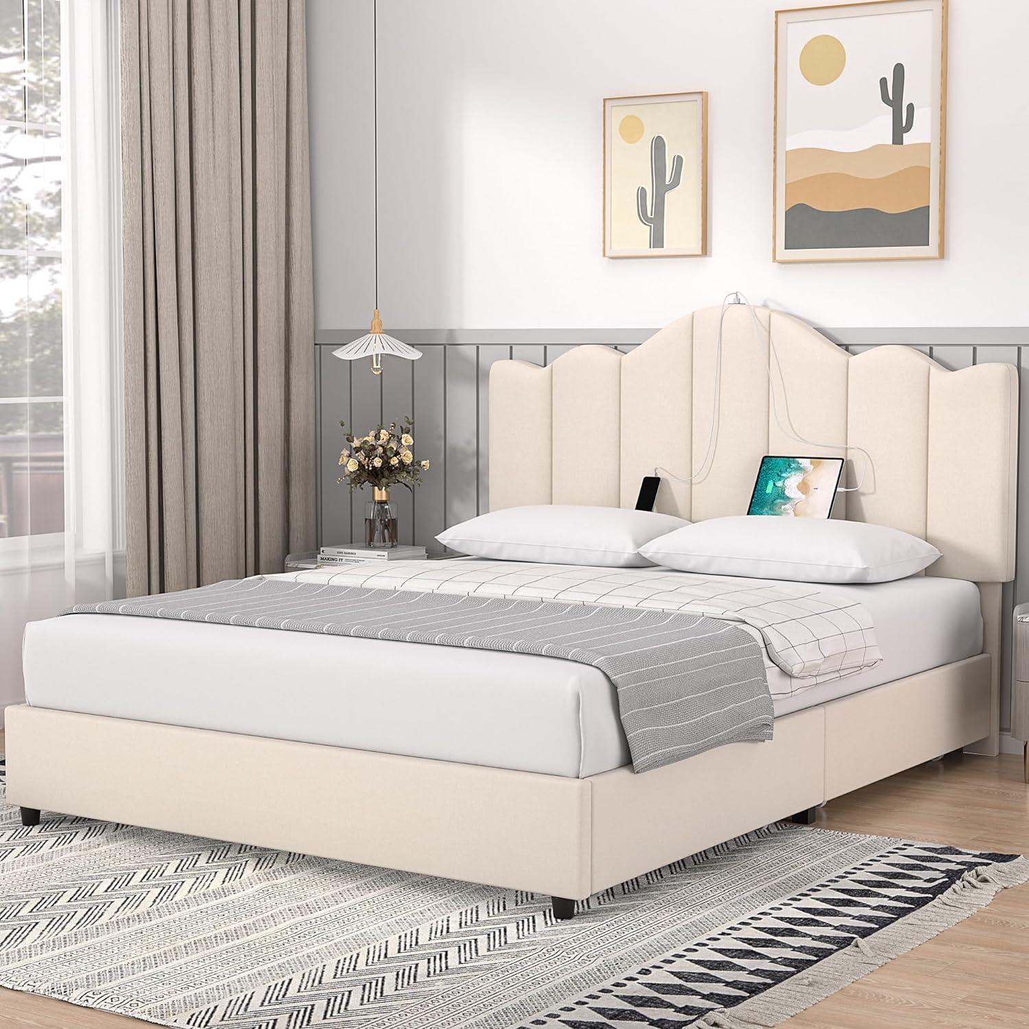VECELO Upholstered Platform Bed Frame with Type-C & USB Charging Stations