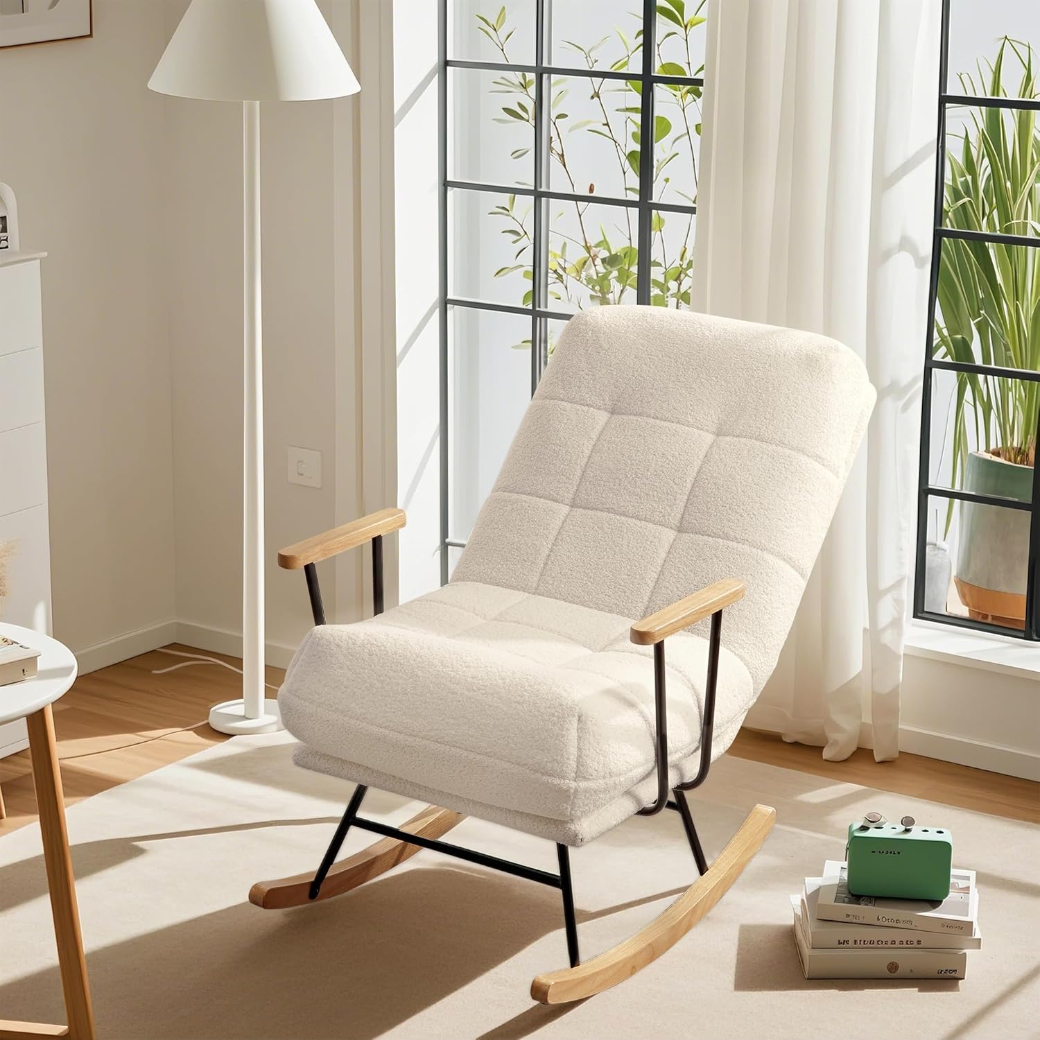 VECELO Rocking Chair Nursery Teddy Fabric Modern Upholstered Glider Rocker with High Backrest for Living Room