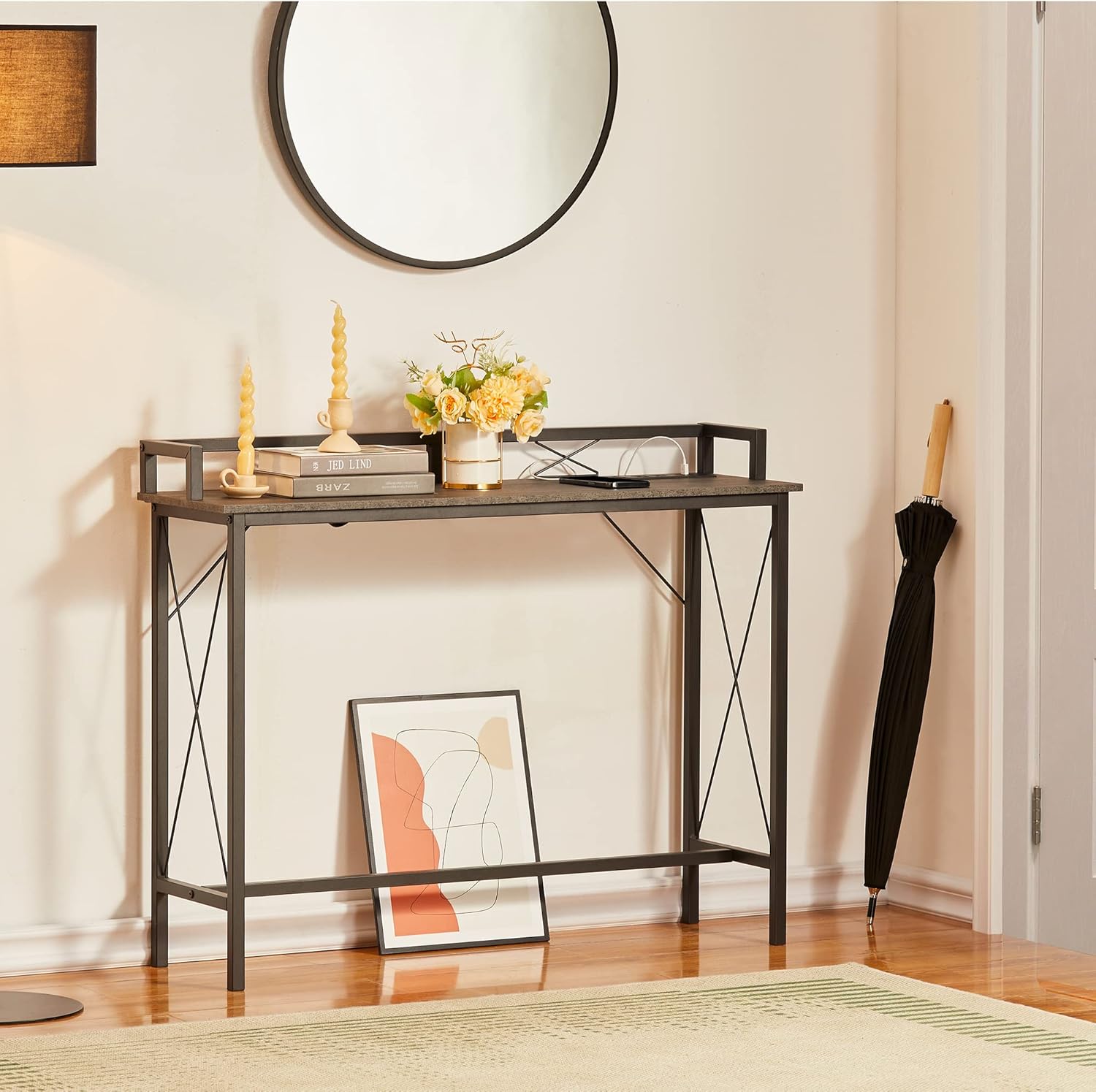 VECELO 39.4" Couch Side & Console Table with 2 Outlet and 2 USB Ports