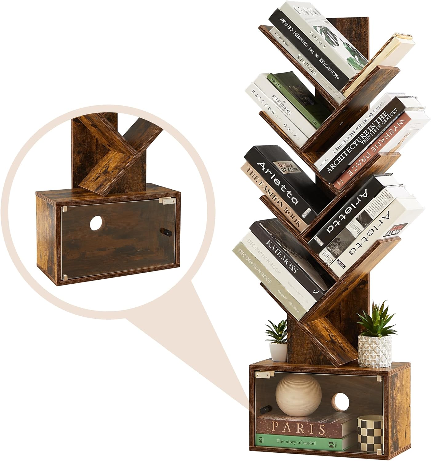 VECELO Tree Bookshelf, 7-Tier Tree Bookcase Wood Shelves Display with Storage Cabinet