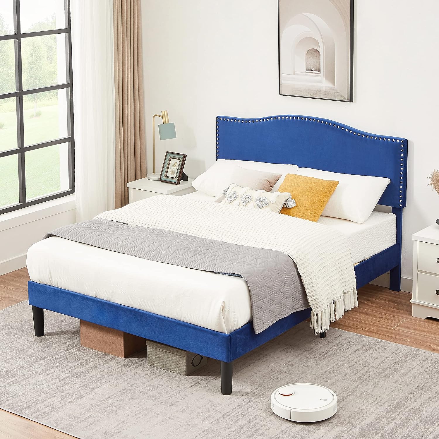 VECELO Bed Frame Platform with Upholstered Headboard & Wooden Slats Support - VECELO