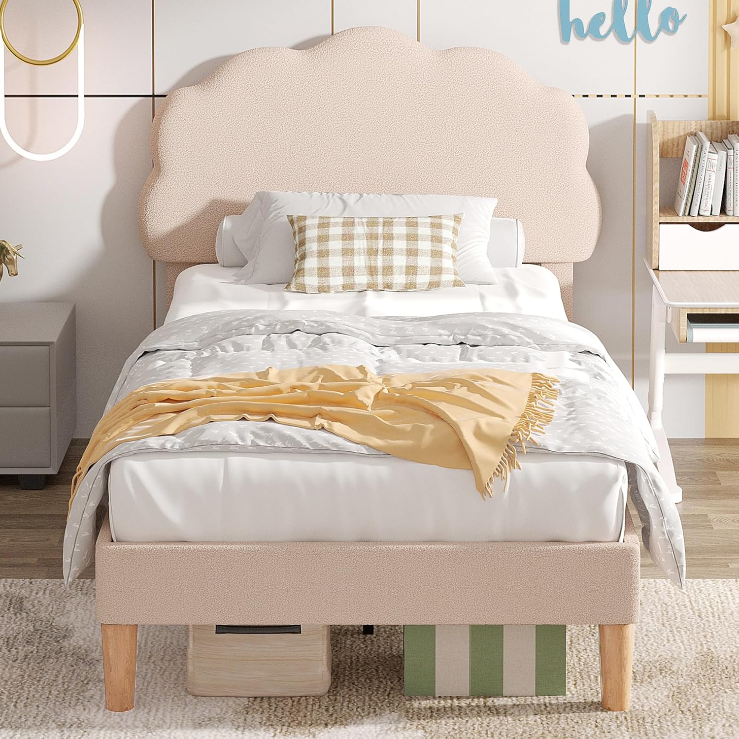 VECELO Twin Size Bed Frame, Upholstered Platform Bedframe with Height Adjustable Plush Fabric Headboard