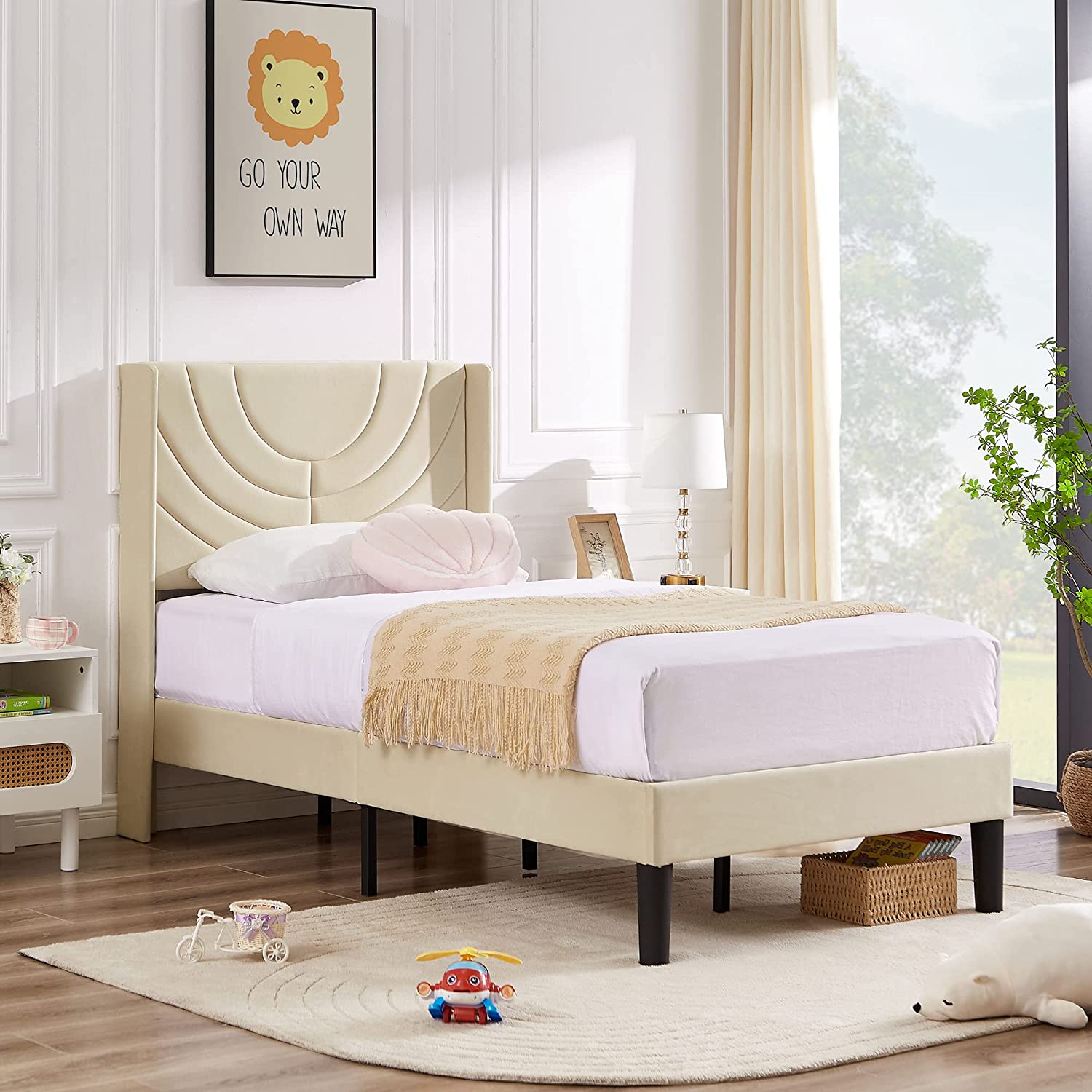 VECELO Upholstered Platform Bed Frame with Adjustable Fabric Headboard
